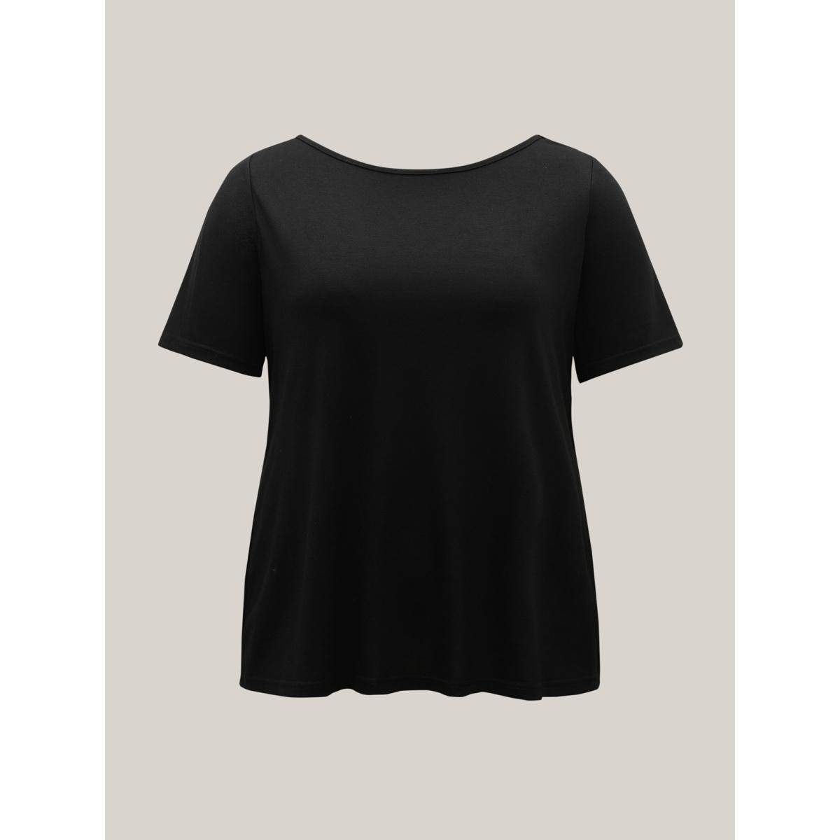 Plus Size Butterfly Back Stretchy Round Neck T-Shirt Black Women Leisure See through Round Neck Casual T-shirts BloomChic 10/M Product Image