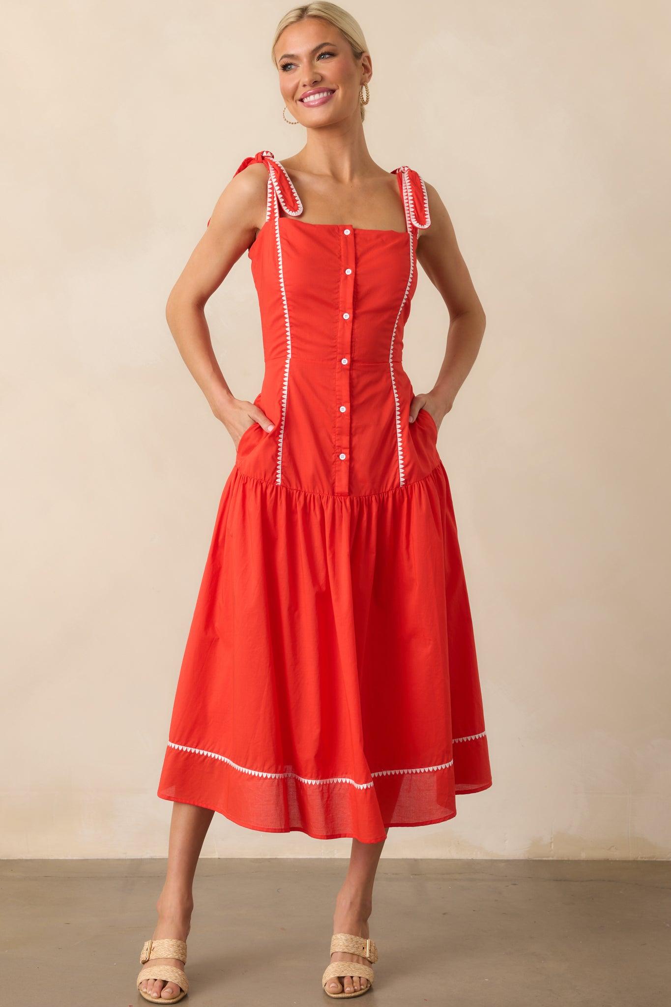 Everything She Is Tomato Red Cotton Drop Waist Midi Dress Product Image