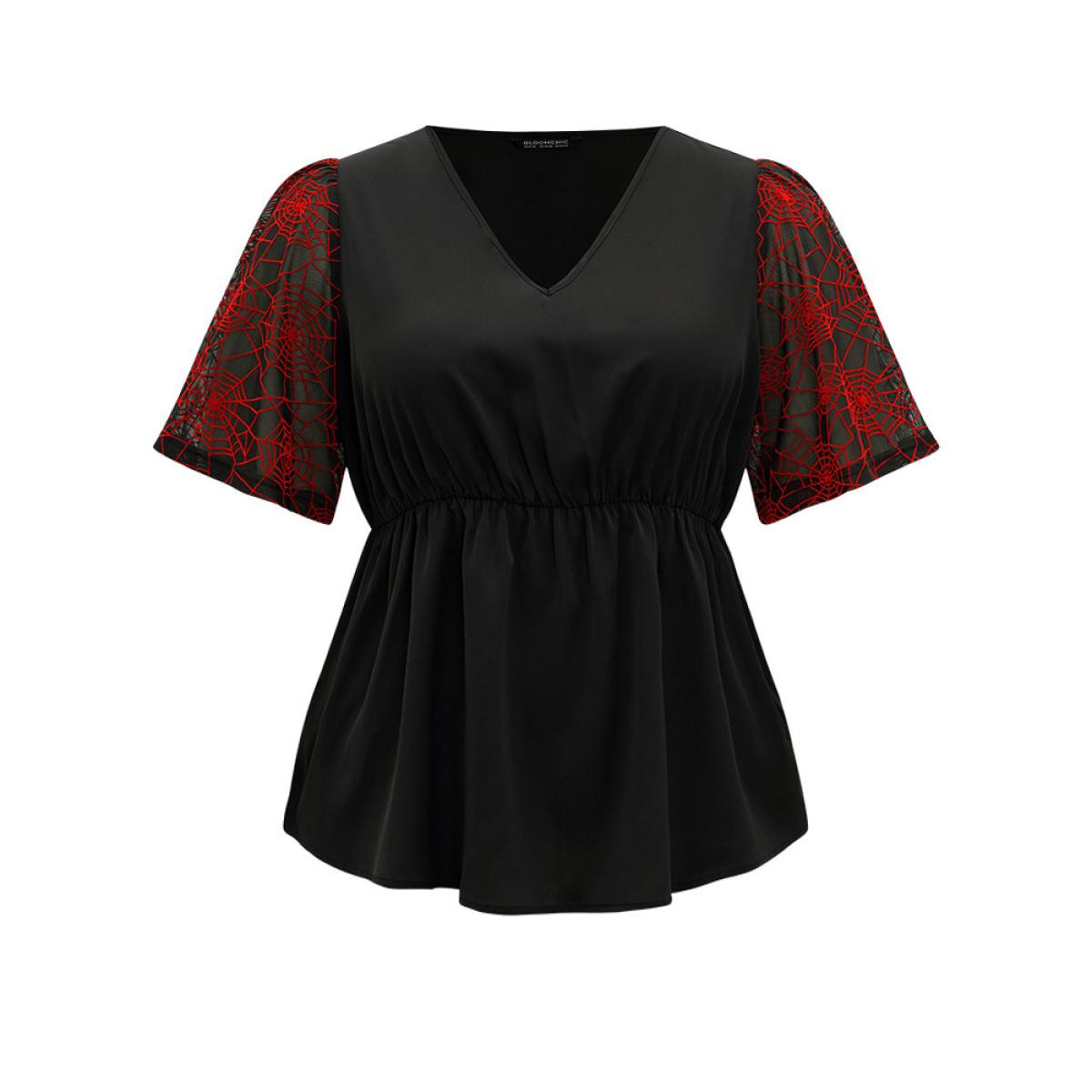 Plus Size Black Halloween Spider Web Mesh Patchwork Elastic Waist Blouse Women Office Short sleeve V-neck Festival-Halloween Blouses BloomChic 22-24/3X Product Image