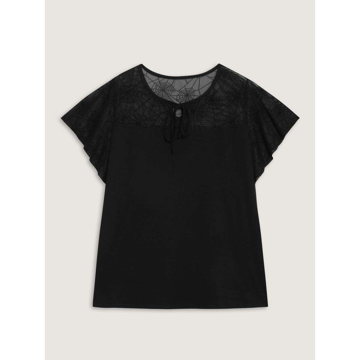 Plus Size Sheer Neckline Tie Ruffled Sleeve T-Shirt Black Women Leisure Lace Graphic-Halloween Round Neck Casual T-shirts BloomChic 10/M Product Image