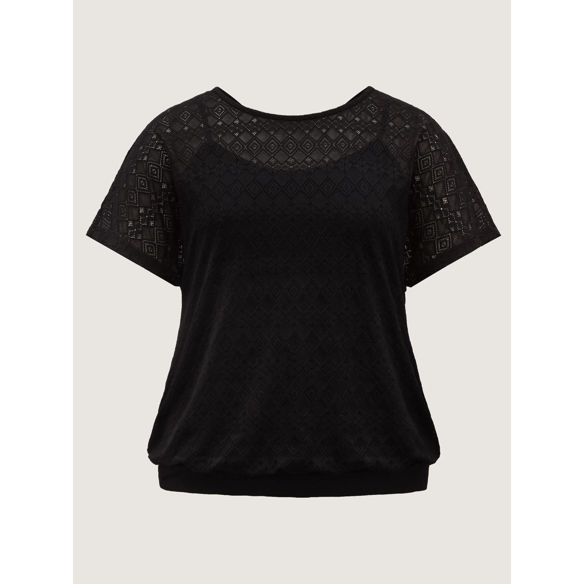 Plus Size Geometric Lace Back Cut-Out T-Shirt Black Women Timeless Round Neck Elegant T-shirts BloomChic 28/5X Product Image