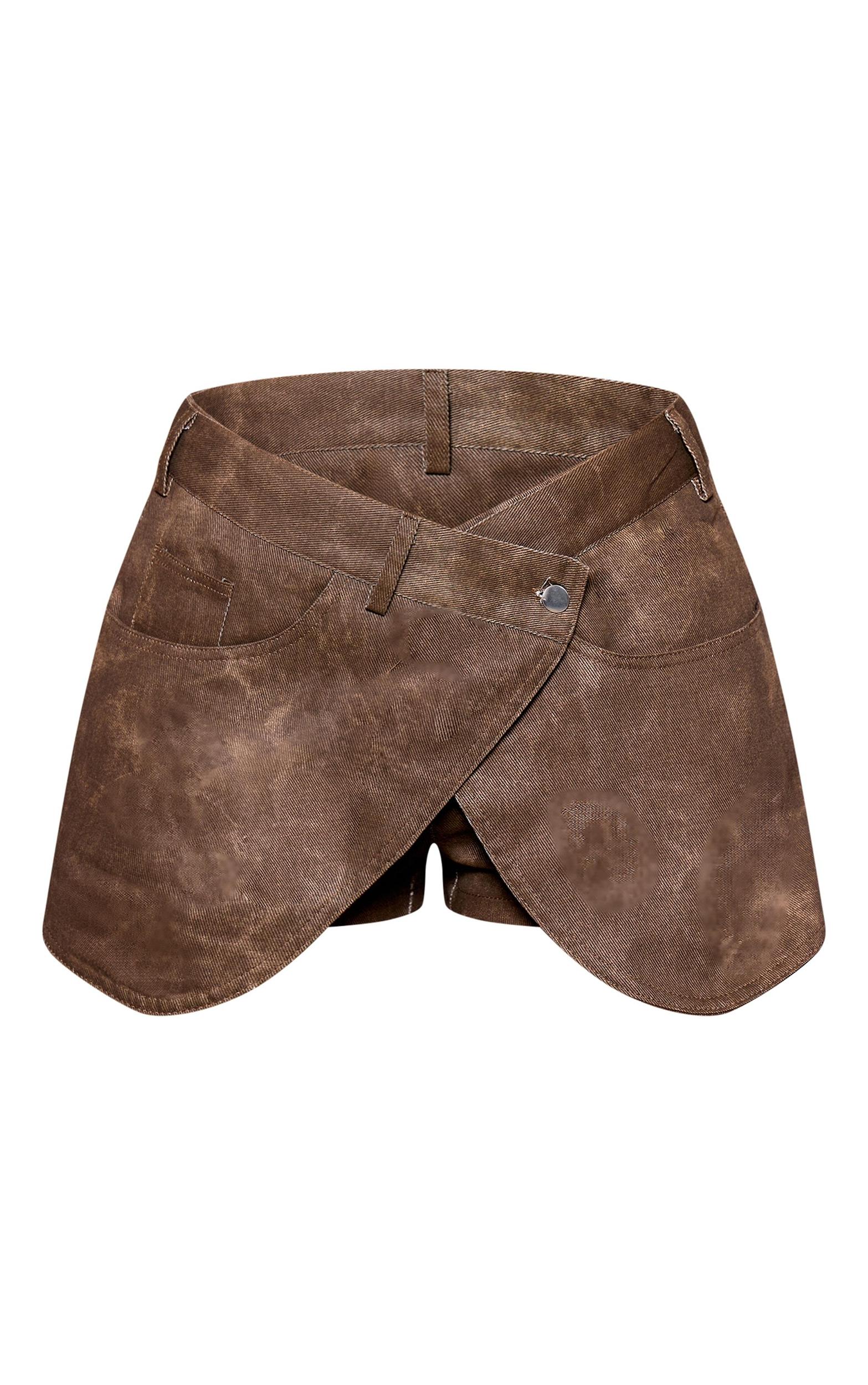 Brown Twill Washed Crossover Mini Skirt Product Image