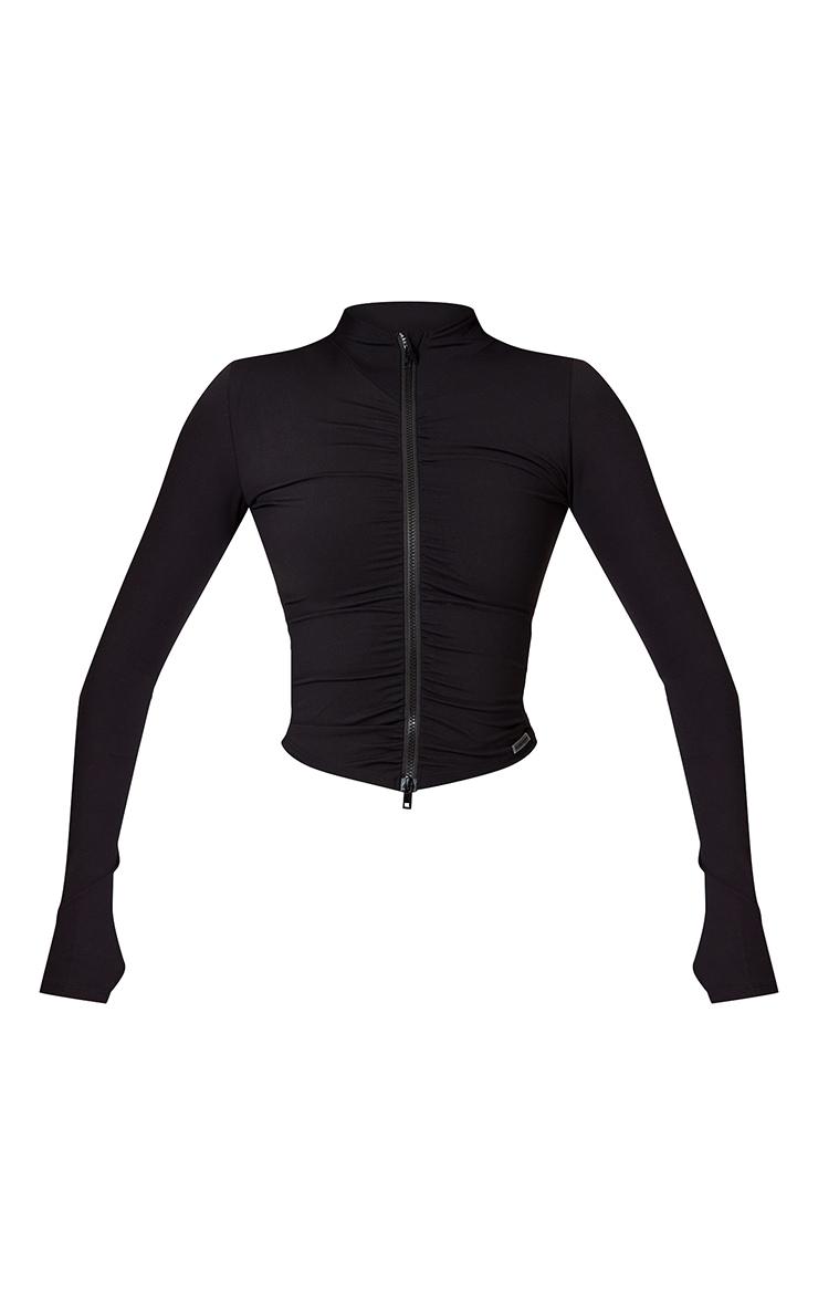 Black Brushed Sculpt Ruched Front Zip Up Sport Jacket Product Image