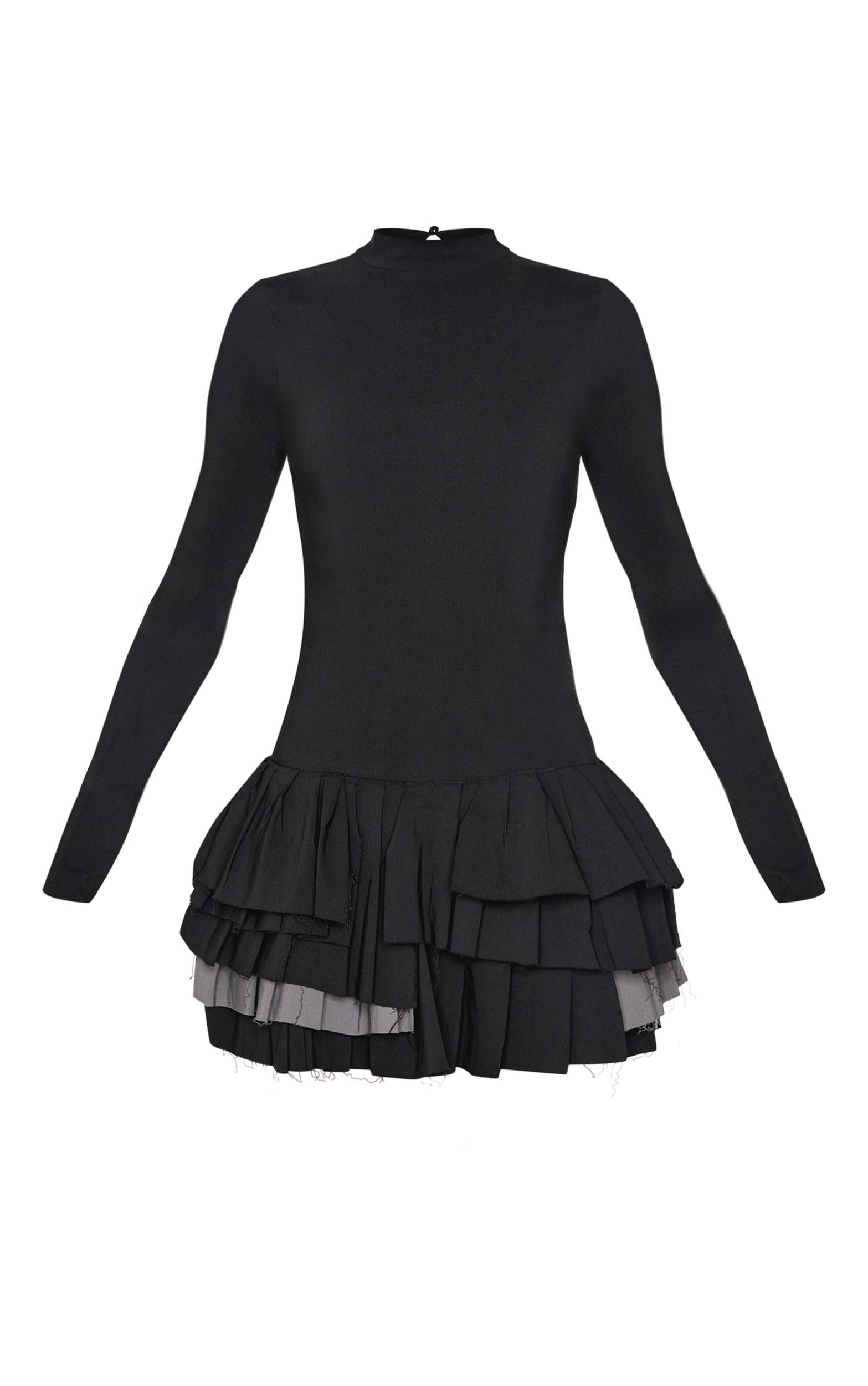 Black Stretch Woven Extreme Pleated Long Sleeve Shift Dress Product Image