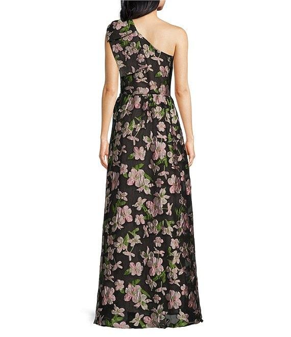 Abbey Glass Caroline Asymmetrical Neck Sleeveless Bow One Shoulder Bow Jacquard Pocketed A-Line Gown Product Image
