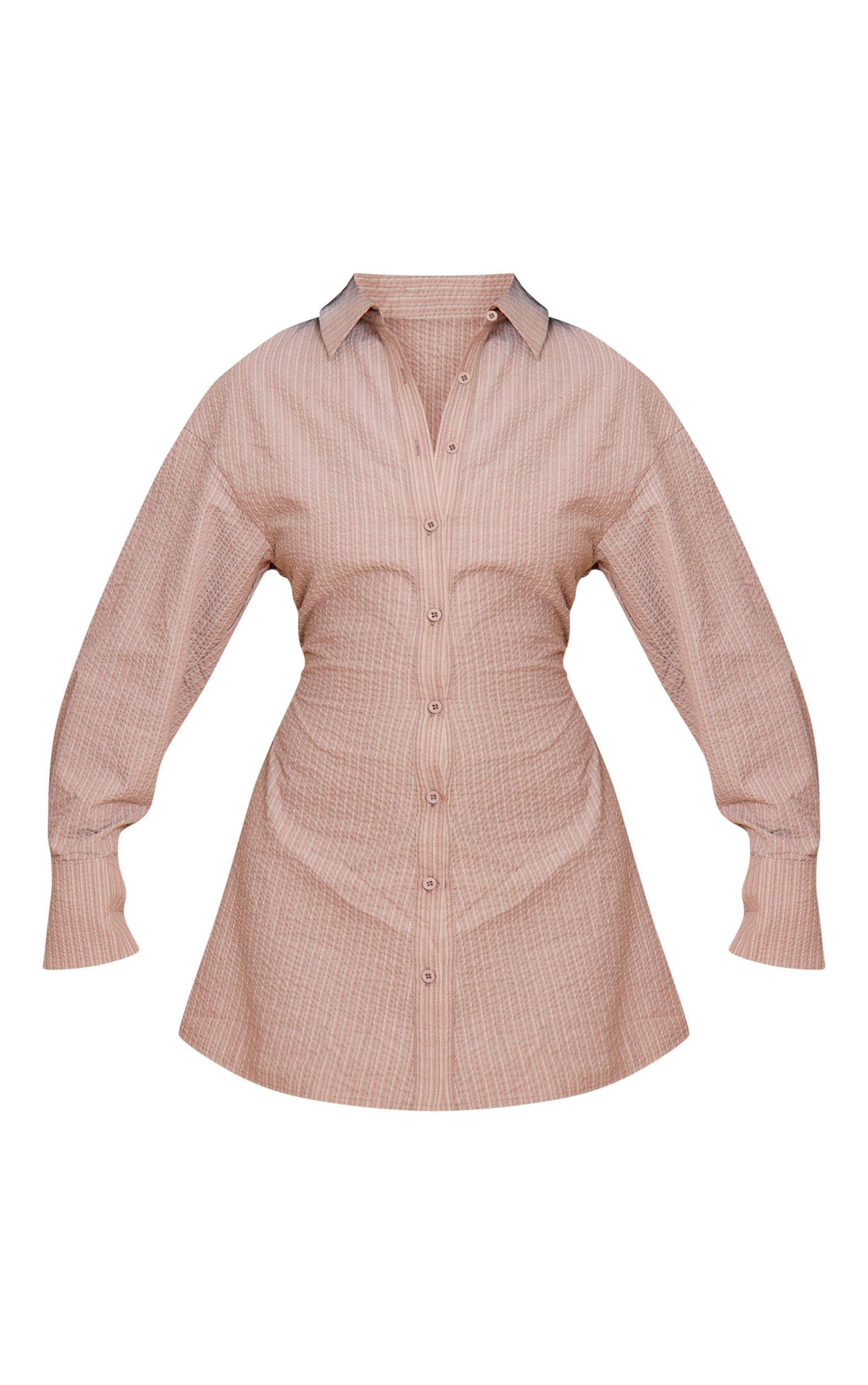 Taupe Pinstripe Seersucker Cinched Waist Shirt Dress Product Image
