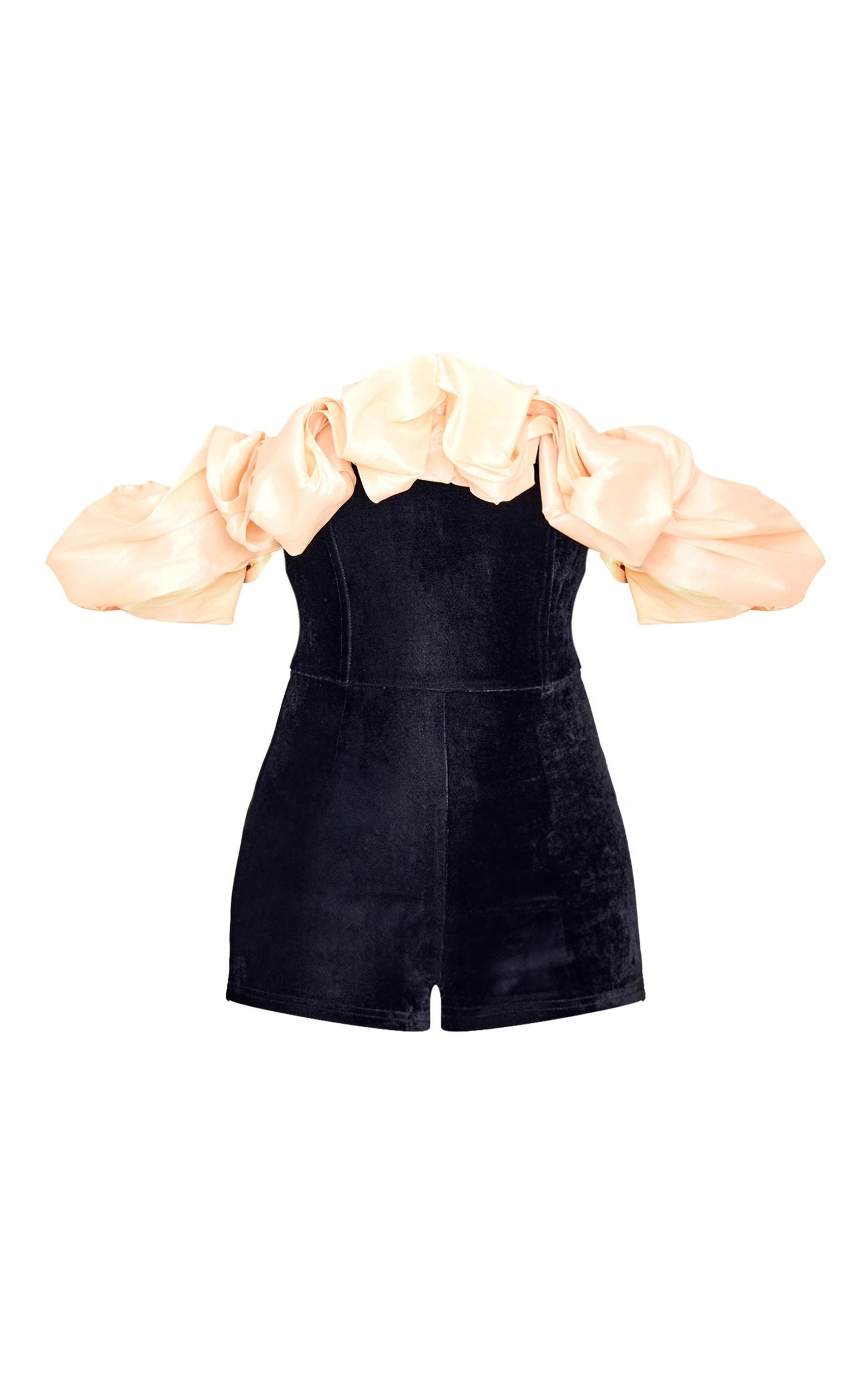 Black Contrast Bardot Puff Sleeve Velvet Romper Product Image