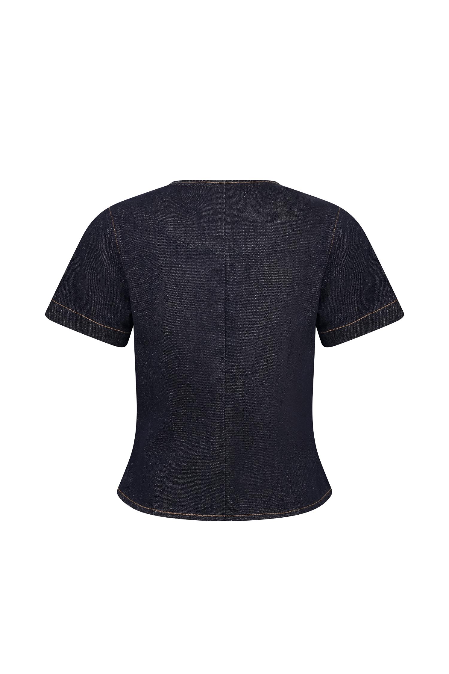 Bethany Short Sleeve Buttoned Denim Top - Washed Indigo Blue Product Image