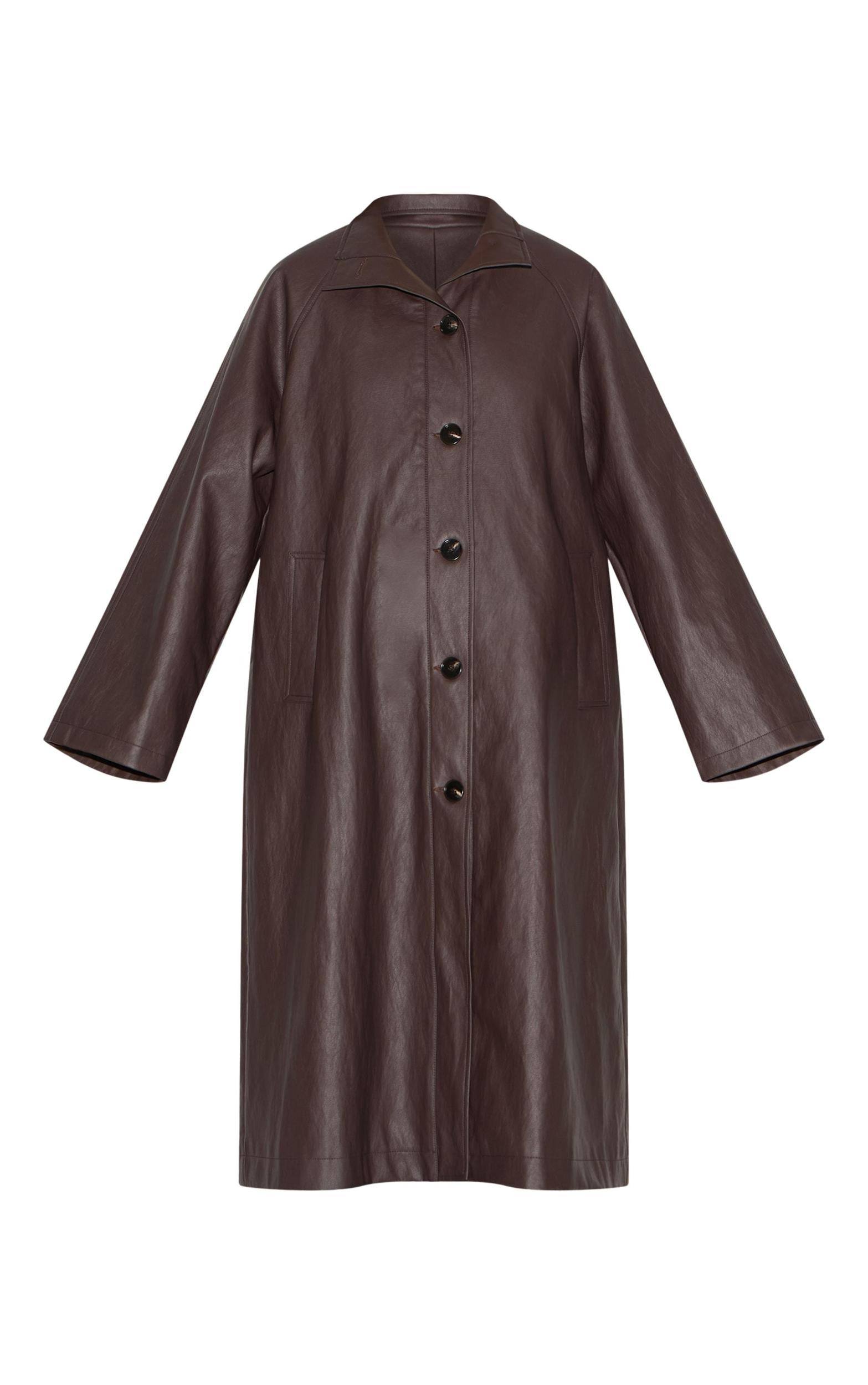Brown Funnel Neck Faux Leather Trench Coat Product Image
