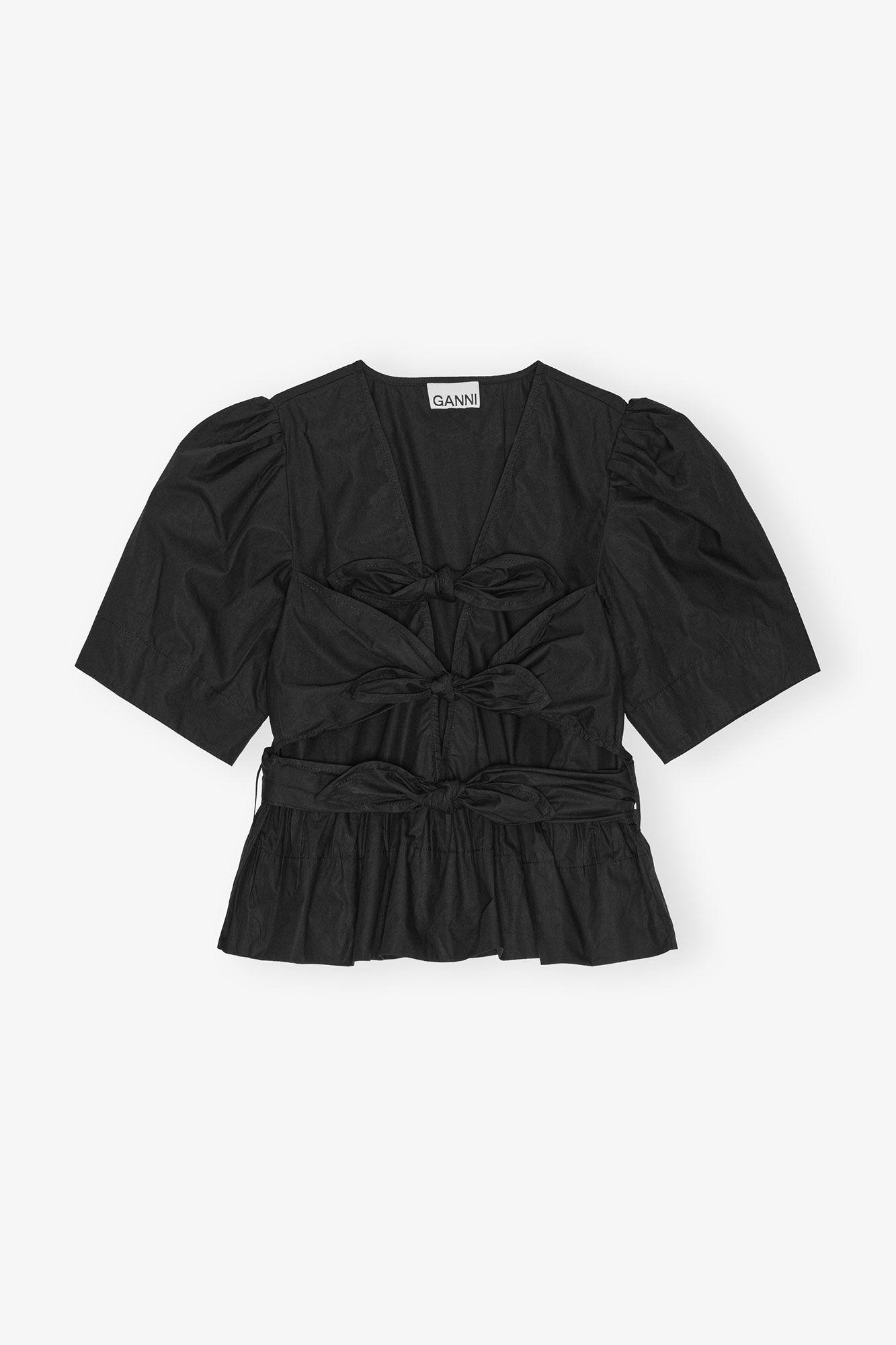 Black Stretch Cotton Tie Strap Blouse Product Image