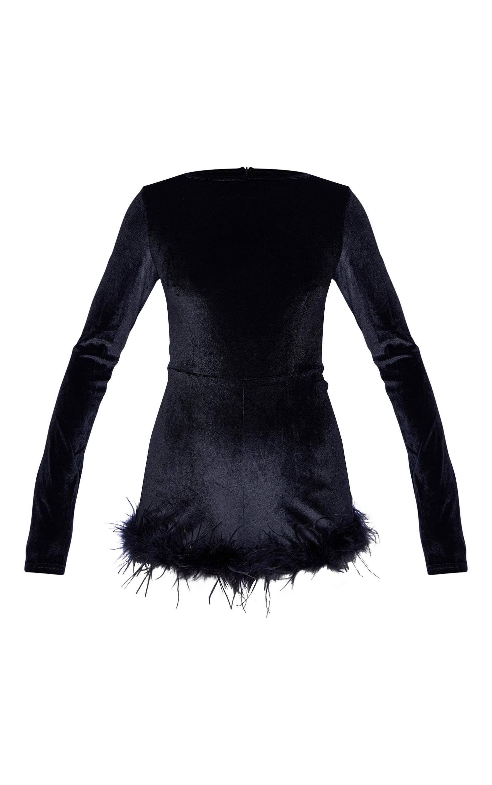 Black Velvet Long Sleeve Feather Trim Romper Product Image