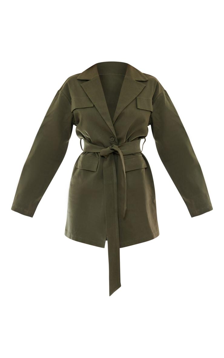 Khaki Woven Button Belted Blazer Dress Product Image
