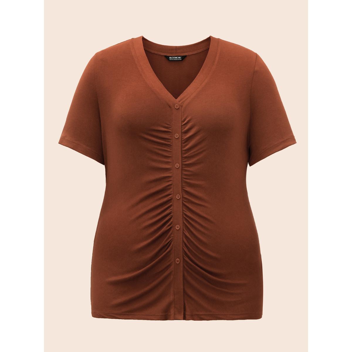 Plus Size V Neck Button Detail Ruched T-shirt Maroon Women Elegant Gathered V-neck Bodycon Everyday T-shirts BloomChic 14-16/1X Product Image