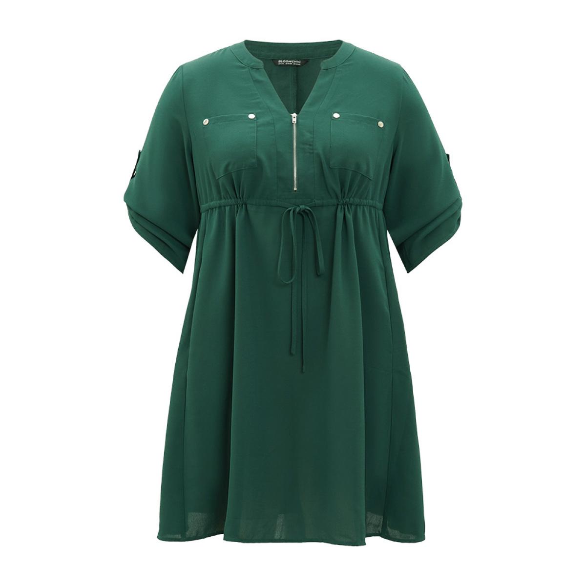 Plus Size Plain Drawstring Pocket Zipper Notched Gathered Tab Sleeve Dress Green Women Office Zipper Notched collar Half Sleeve Curvy Knee Dress BloomChic 18-20/2X Product Image
