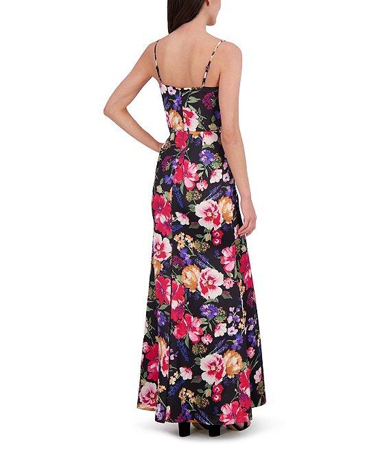 Vince Camuto Satin Floral Print Cowl Neck Sleeveless Gown Product Image
