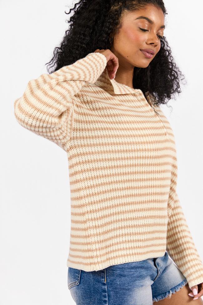Bayside Breeze Ivory and Tan Stripe Quarter Zip Pullover Sweater FINAL SALE Product Image
