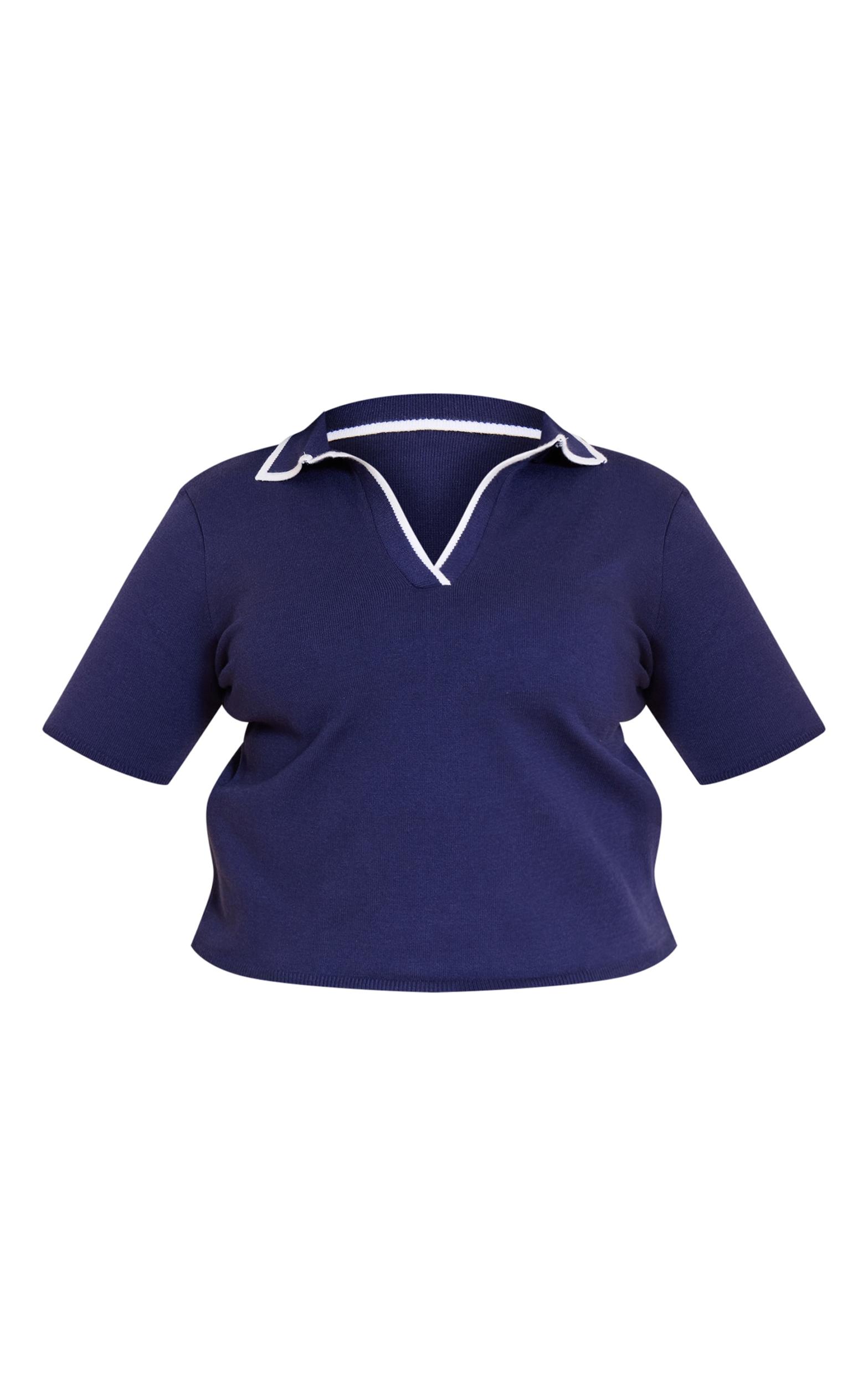 Plus Navy Knitted Contrast Polo Collar Top Product Image