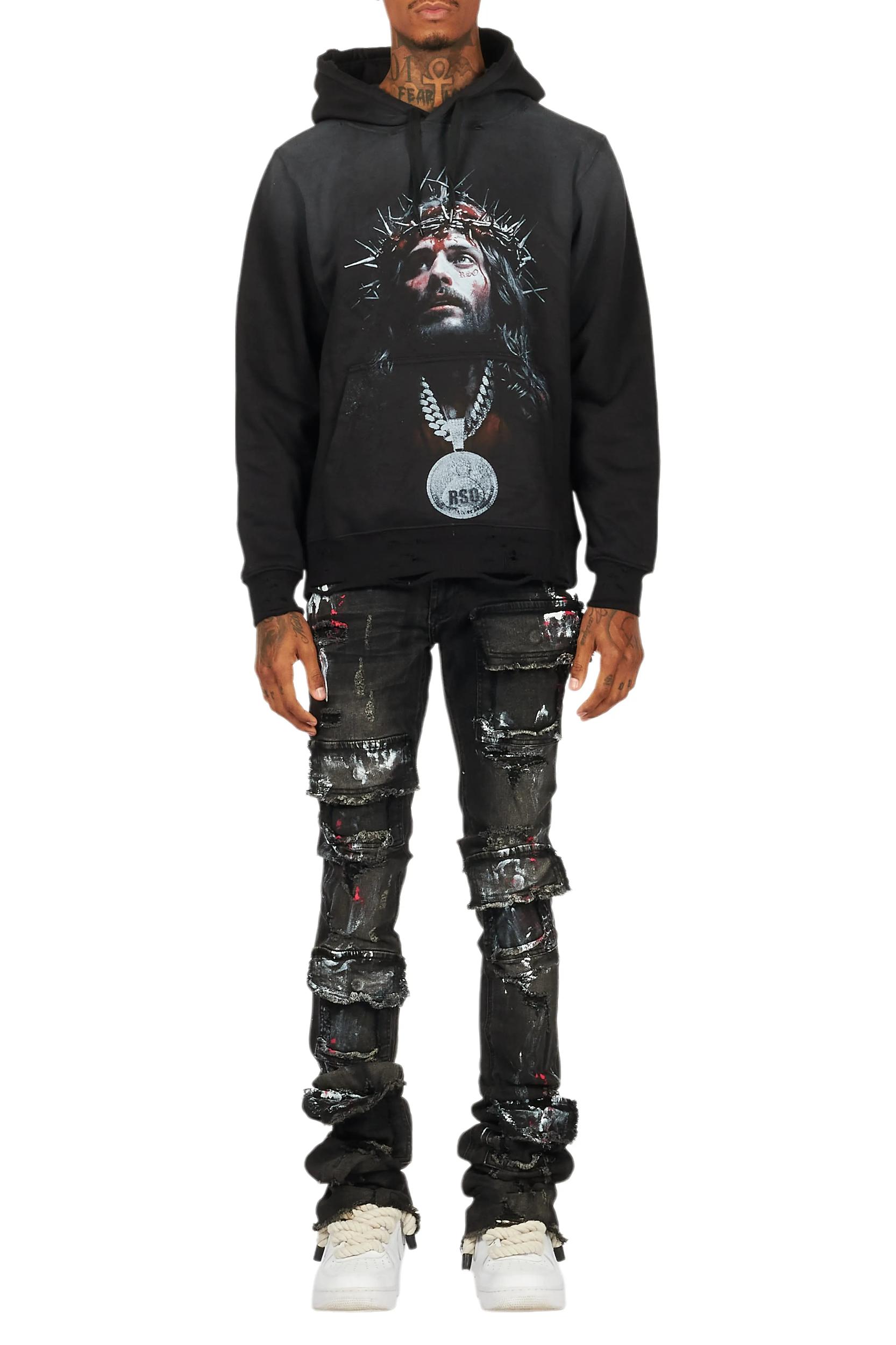 Amina Black Hoodie/Stacked Flare Jean Bundle Male Product Image
