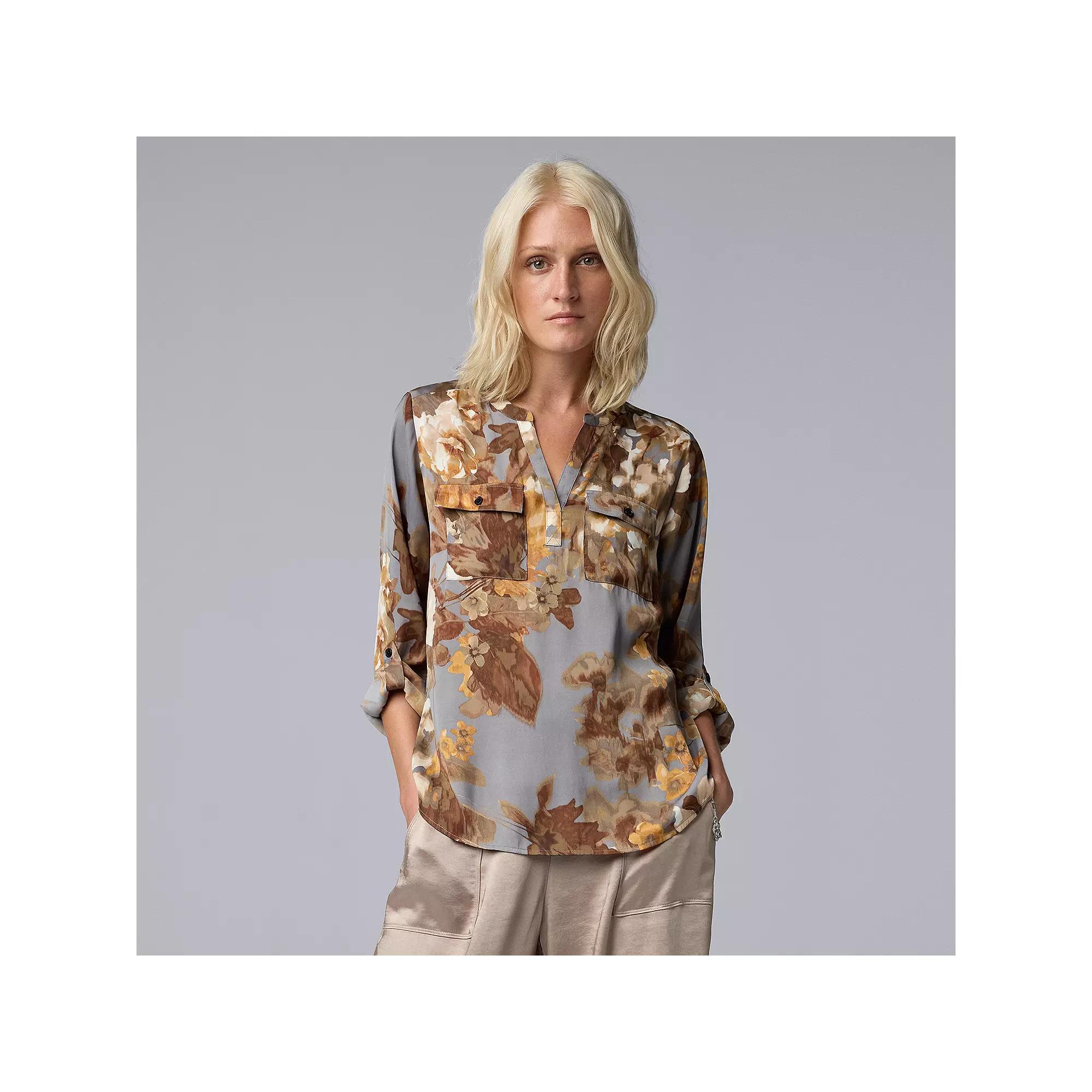 Women's Simply Vera Vera Wang Roll-Tab Popover Blouse, Size: XS, Grey Team Med Floral Product Image