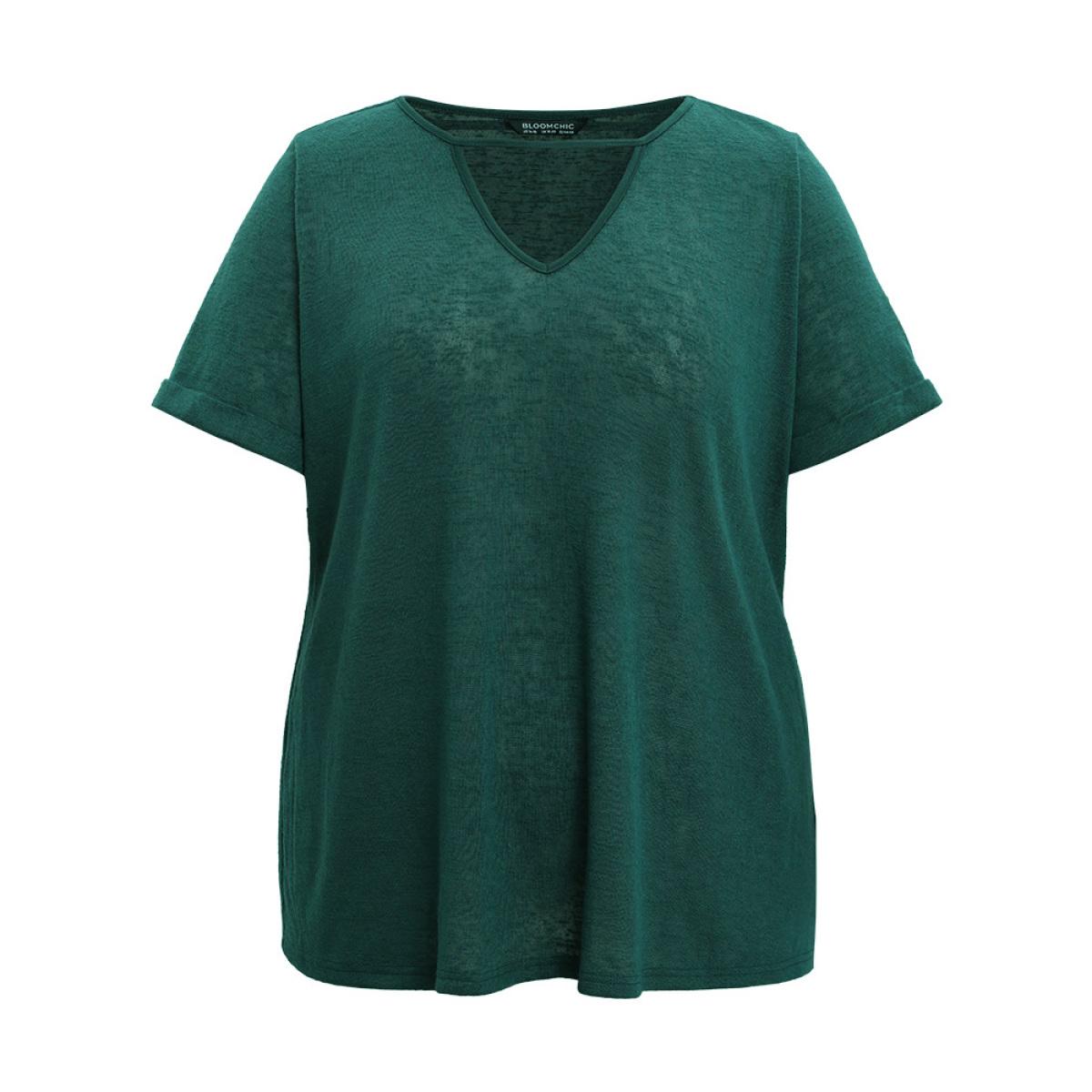 Plus Size Solid Keyhole Mesh Cuffed Sleeve T-shirt DarkGreen Women Casual See through Plain Keyhole Cut-Out Dailywear T-shirts BloomChic 26/4X Product Image