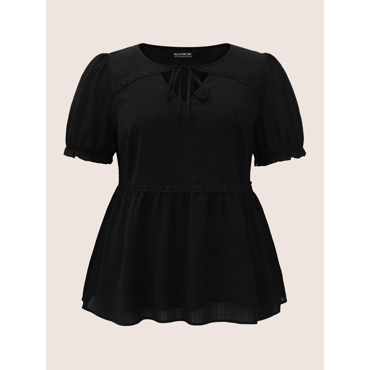 Plus Size Black Lace Panel Knot Neck Lantern Sleeve Blouse Women Elegant Short sleeve V-neck Everyday Blouses BloomChic 10/M Product Image