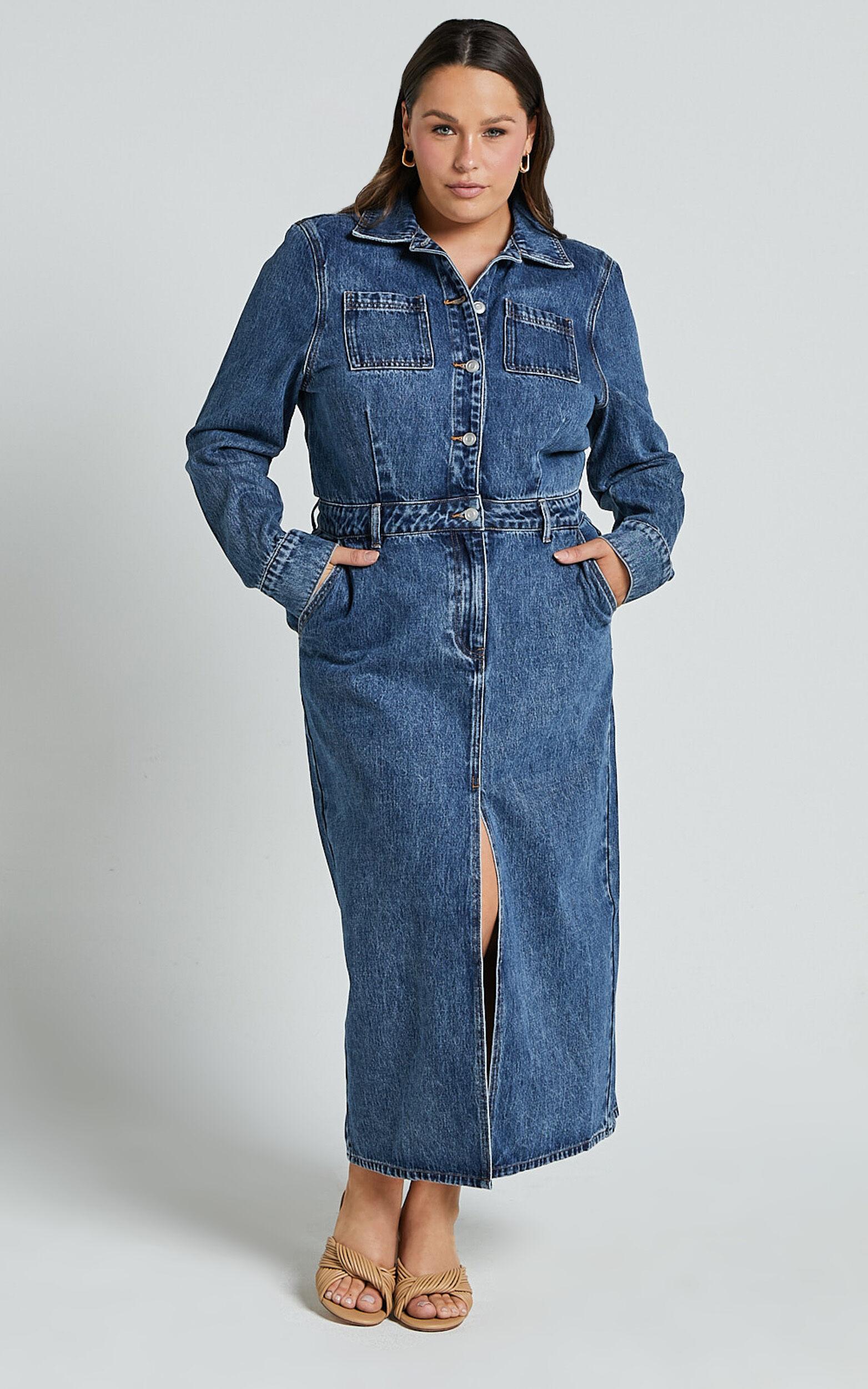Alison Midi Dress - Long Sleeve Front Split Denim Dress in Mid Blue Wash Product Image