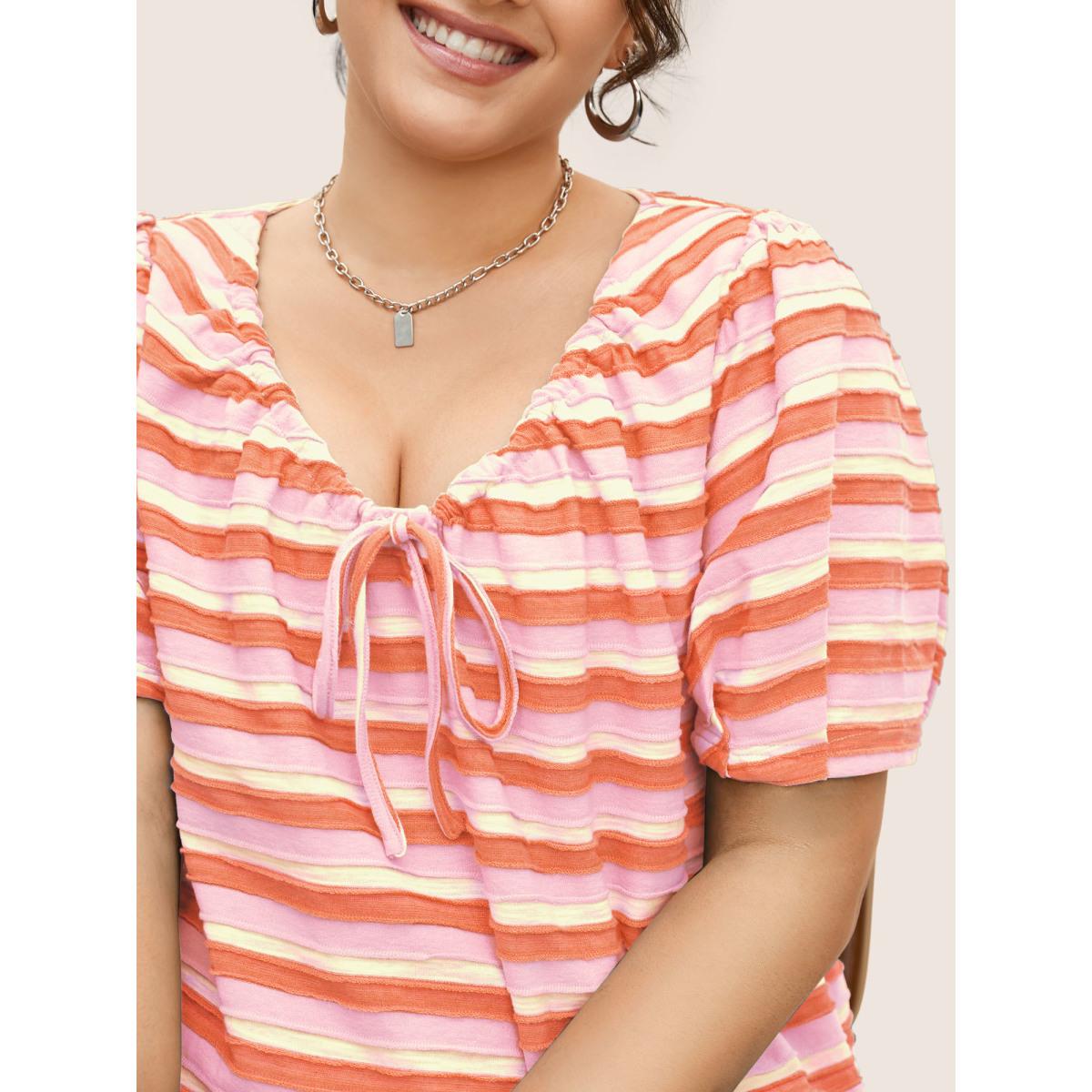 Plus Size V Neck Textured Striped Tie Knot T-shirt Blush Women Casual Texture V-neck Everyday T-shirts BloomChic 12/L Product Image