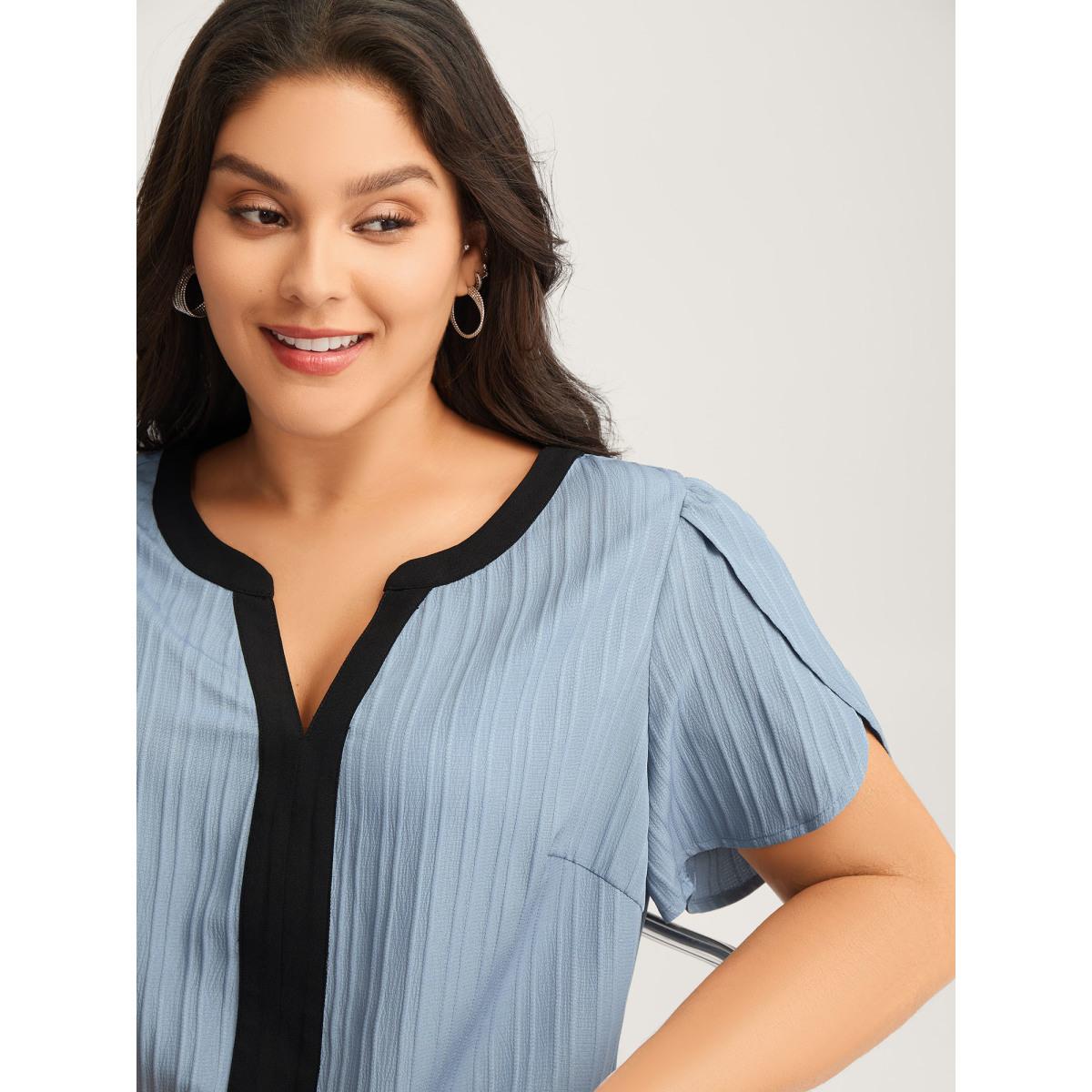 Plus Size Stone Textured Color Contrast Petal Sleeve Blouse Women Short sleeve Flat collar with V-notch Work Blouses BloomChic 12/L Product Image