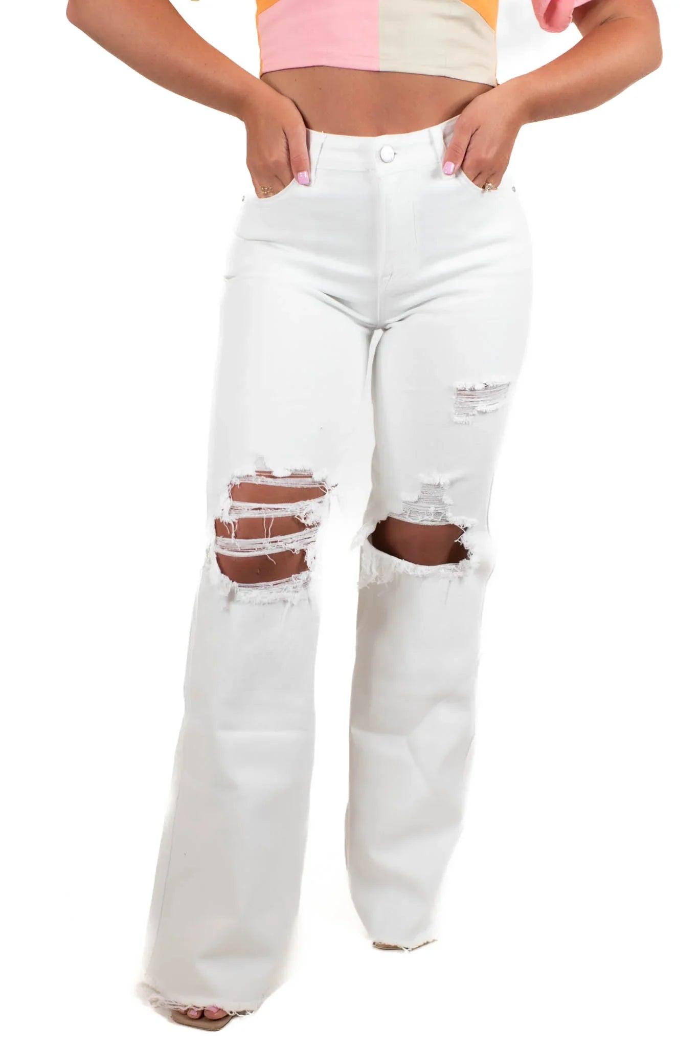 Risen High Rise WHITE Wide leg Dad Jean Distressed Product Image