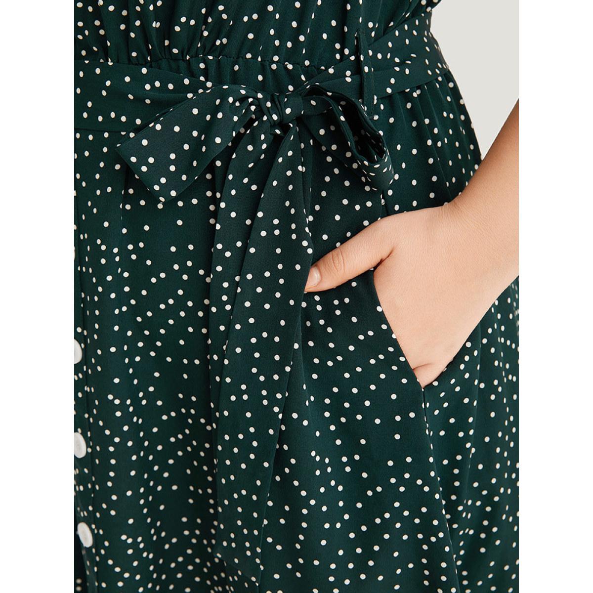 Plus Size Polka Dot Flutter Trim Button Detail Belted Dress Teal Women Office Belted V-neck Sleeveless Curvy Midi Dress BloomChic 28/5X Product Image