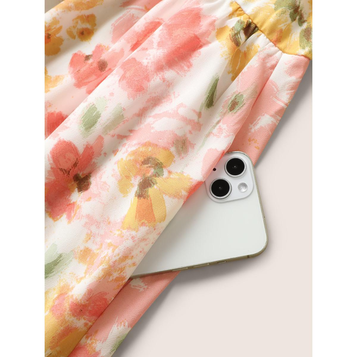 Plus Size Halter Neck Floral Pleated Pocket Dress White Women Formal Shirt collar Sleeveless Curvy BloomChic 22-24/3X Product Image