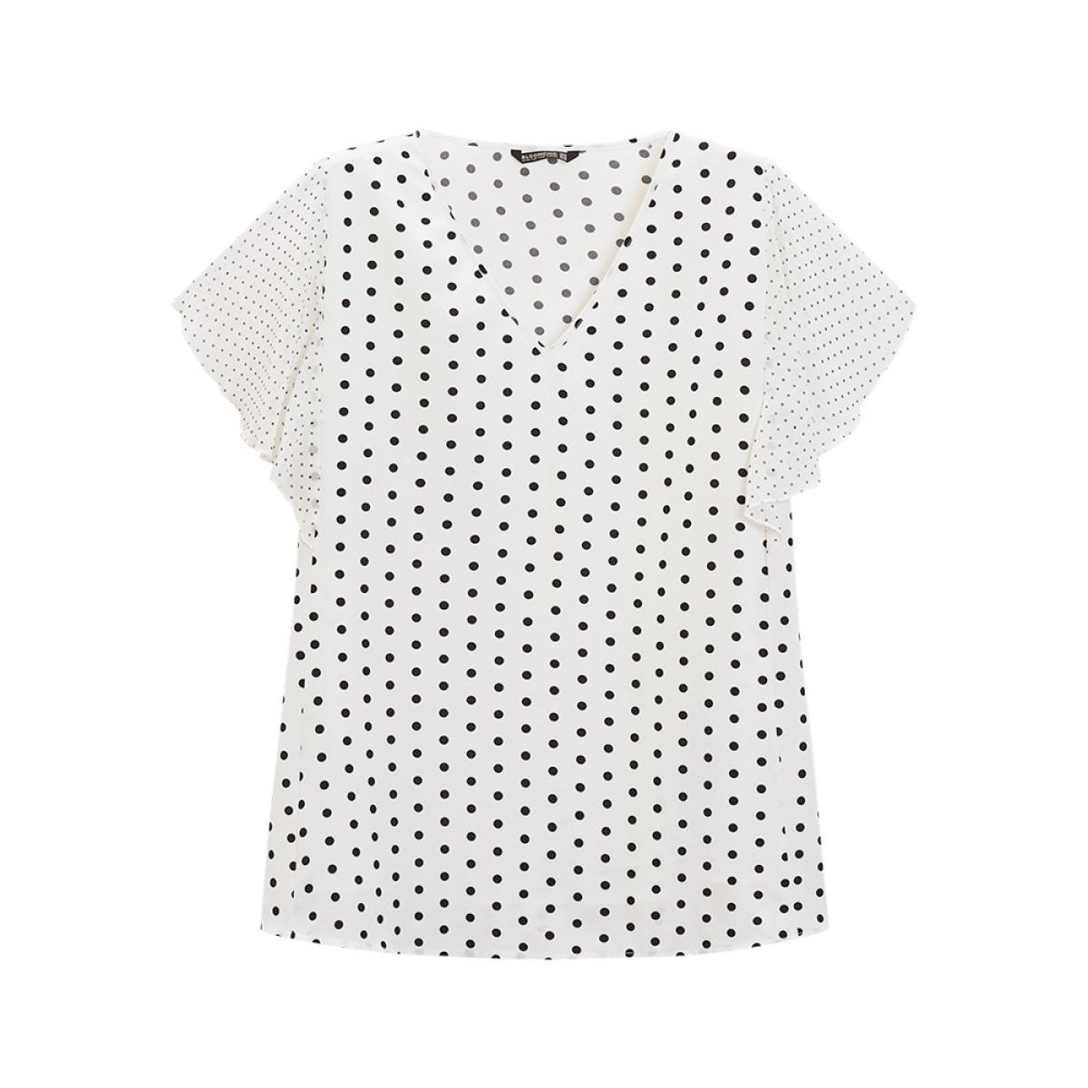 Plus Size White Polka Dot Patchwork Mesh Flutter Sleeve Blouse Women Office Short sleeve V-neck Office Blouses BloomChic 18-20/2X Product Image