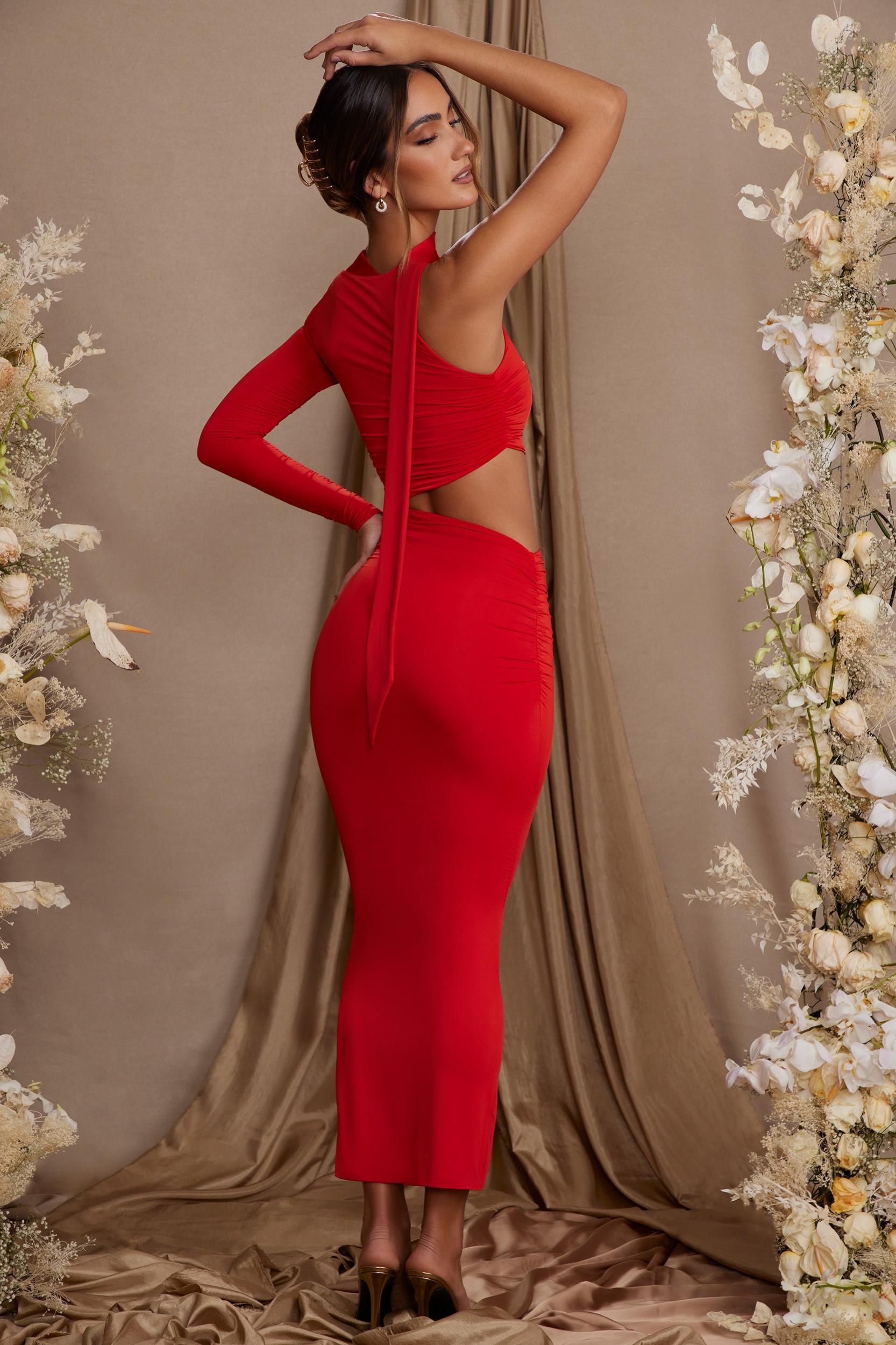 Single Sleeve Cut Out Maxi Dress in Red Product Image