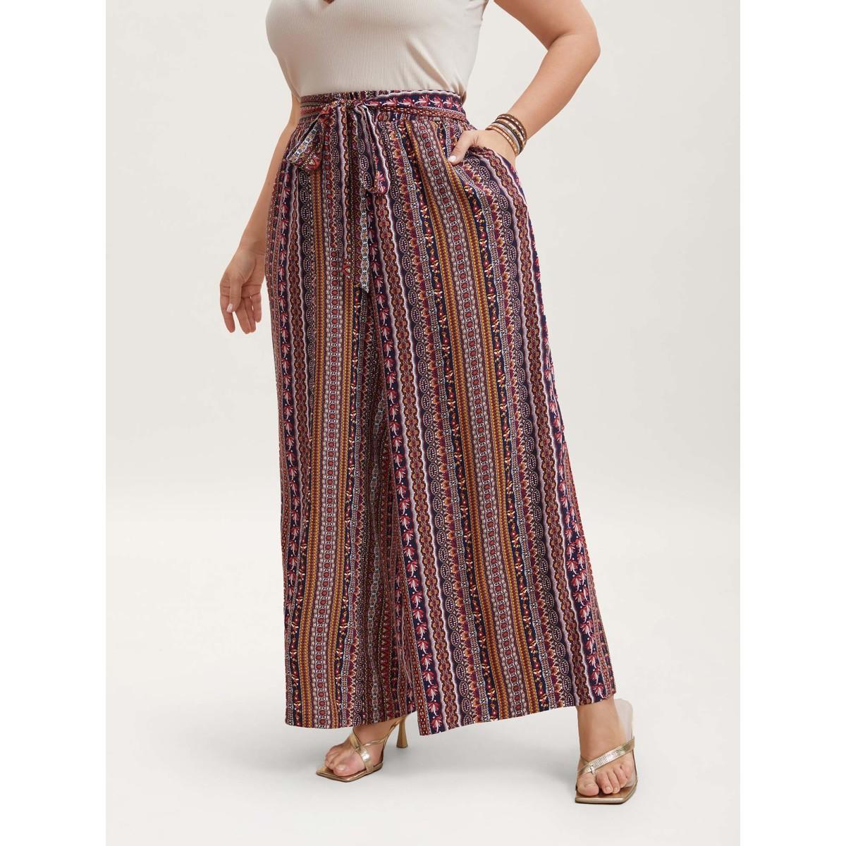 Plus Size Boho Print Belted Flared Pants Women Multicolor Boho Wide Leg Mid Rise Vacation Pants BloomChic 18-20/2X Product Image