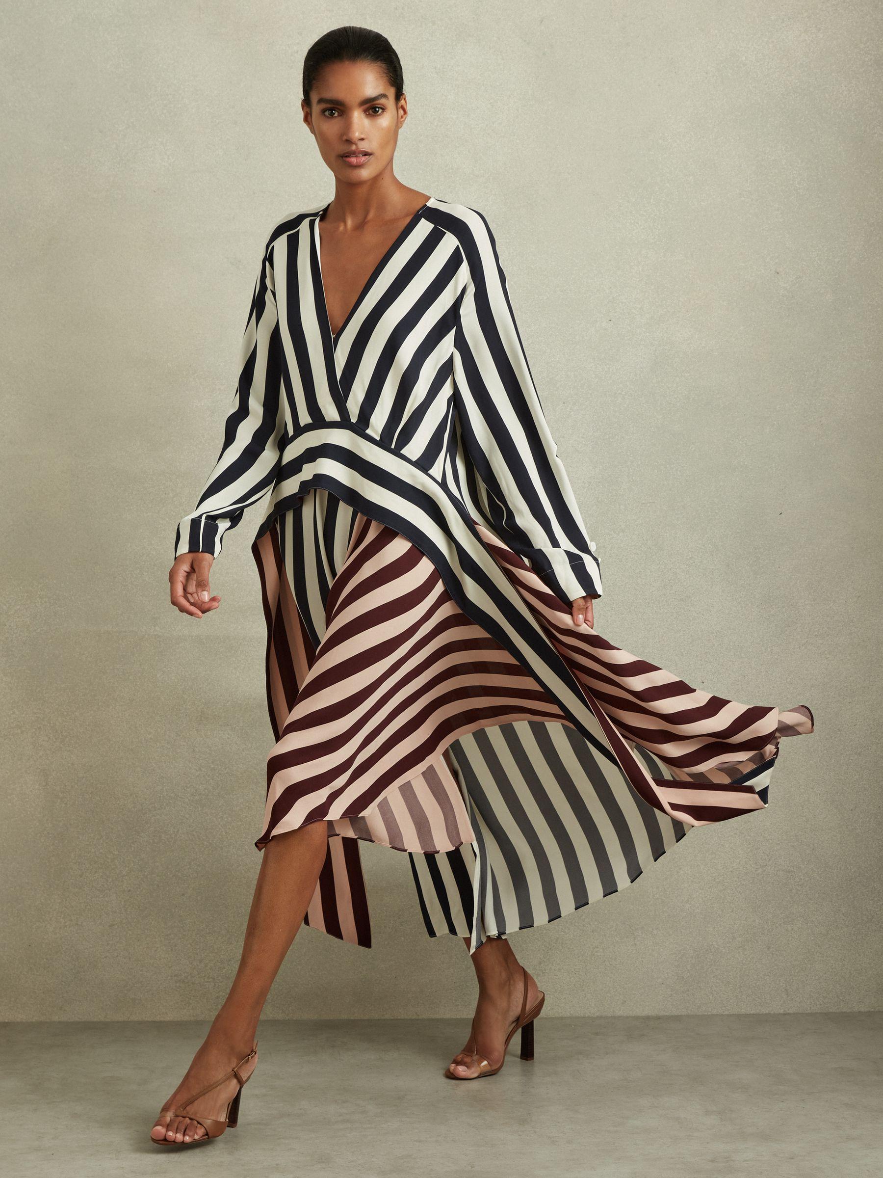 Colourblock Stripe Asymmetric Midi Dress in Navy/Off White Product Image