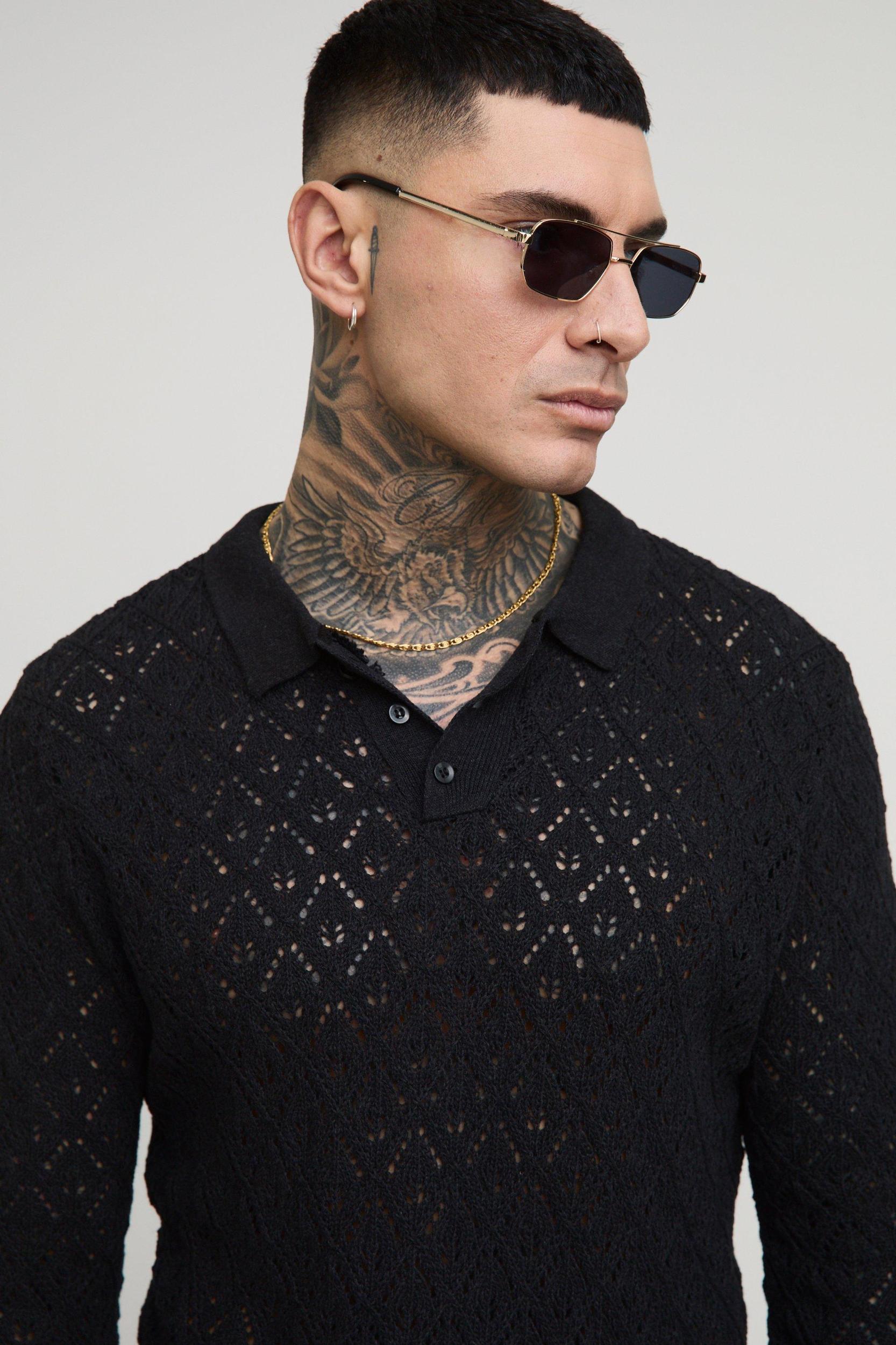 Tall Regular Fit Crochet Long Sleeve Polo Shirt | boohooMAN USA Product Image