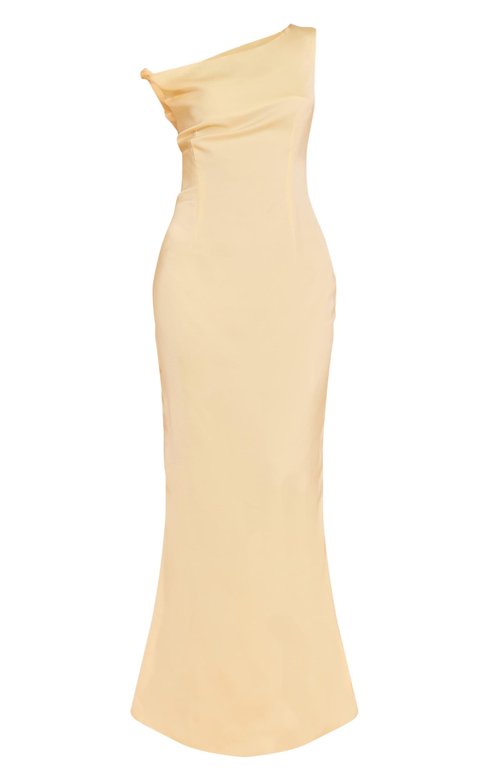 Lemon Satin Asymmetric Bardot Twist Maxi Dress Product Image