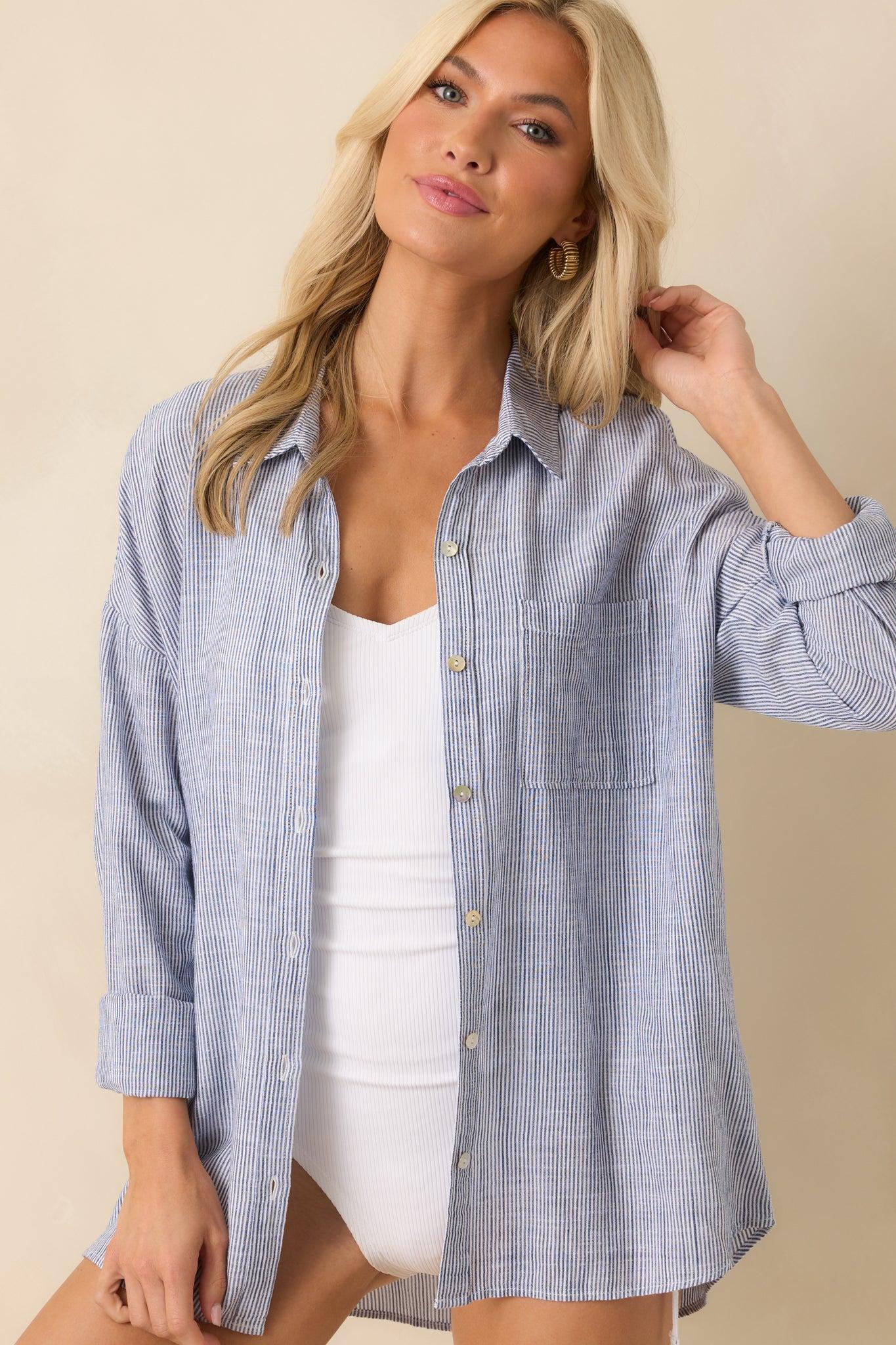 What Do You Mean Blue Stripe Linen Blend Button Front Top Product Image