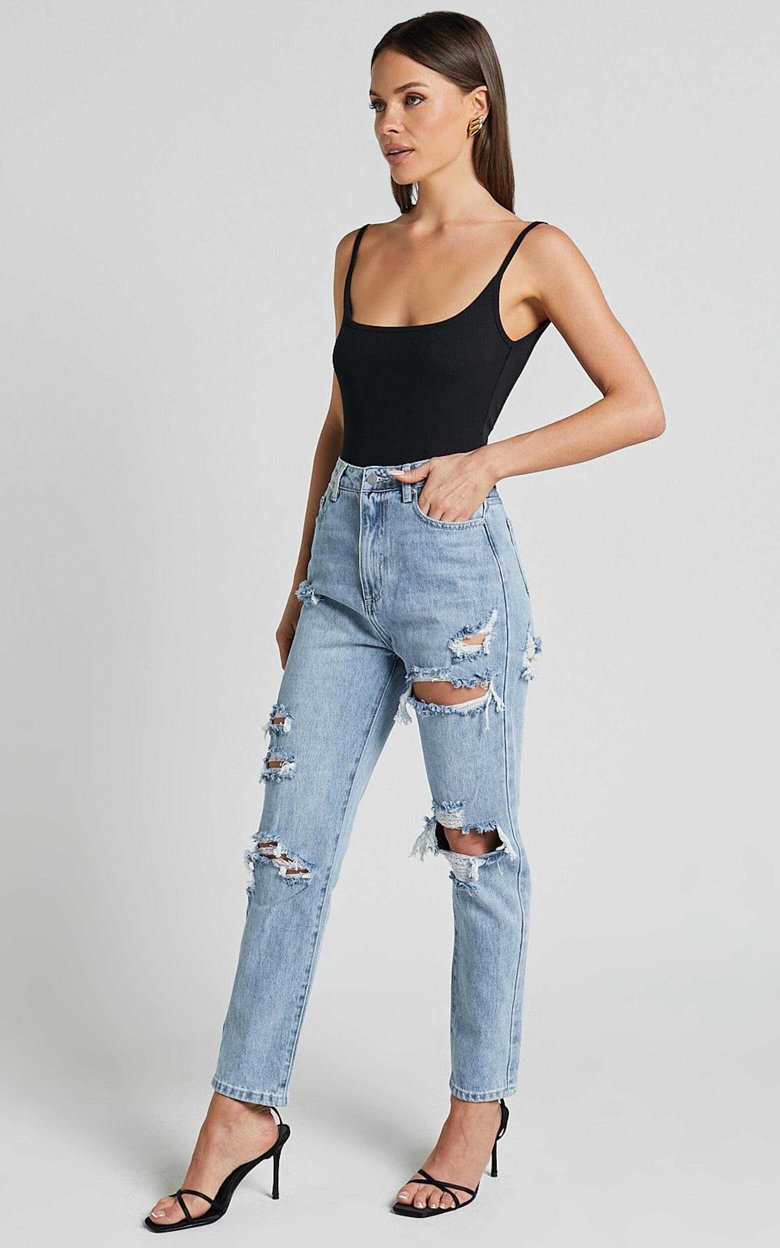 Billie Jeans - High Waisted Cotton Distressed Mom Denim Jeans in Mid Blue Wash Product Image
