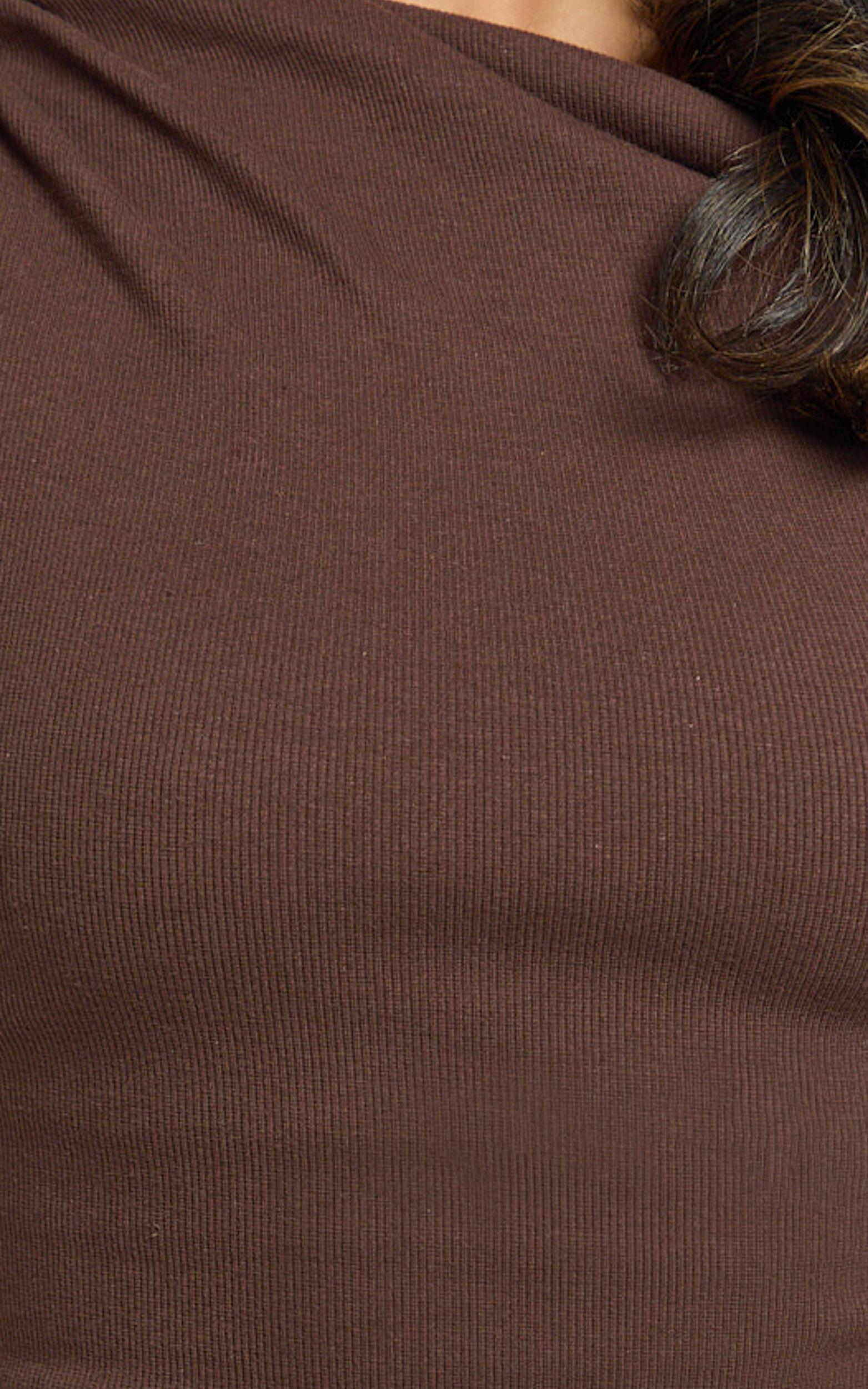 Clementine Mini Dress - Ribbed Off Shoulder Bodycon Dress in Chocolate Product Image