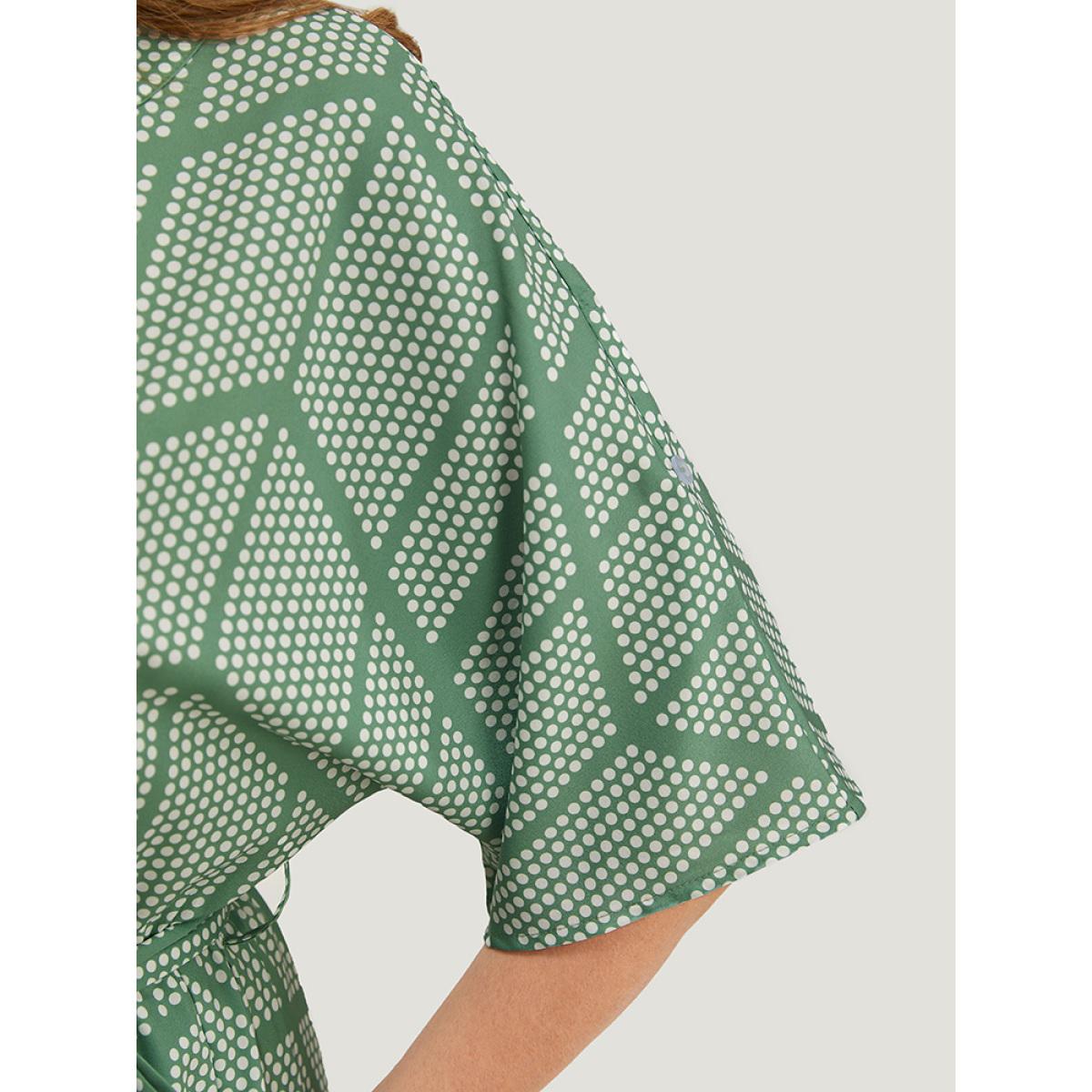 Plus Size Geometric Print Dolman Sleeve Pocket Belted Ruffles Dress Mint Women Office Cross straps V-neck Short sleeve Curvy Midi Dress BloomChic 12/L Product Image