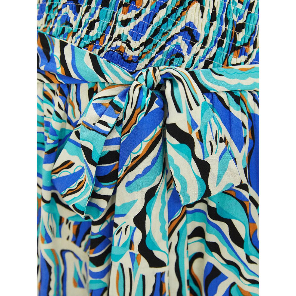 Plus Size Water Ripple Print Shirred Pocket Belted Cami Dress Arctic Women Elegant Pocket Spaghetti Strap Sleeveless Curvy Knee Dress BloomChic 22-24/3X Product Image