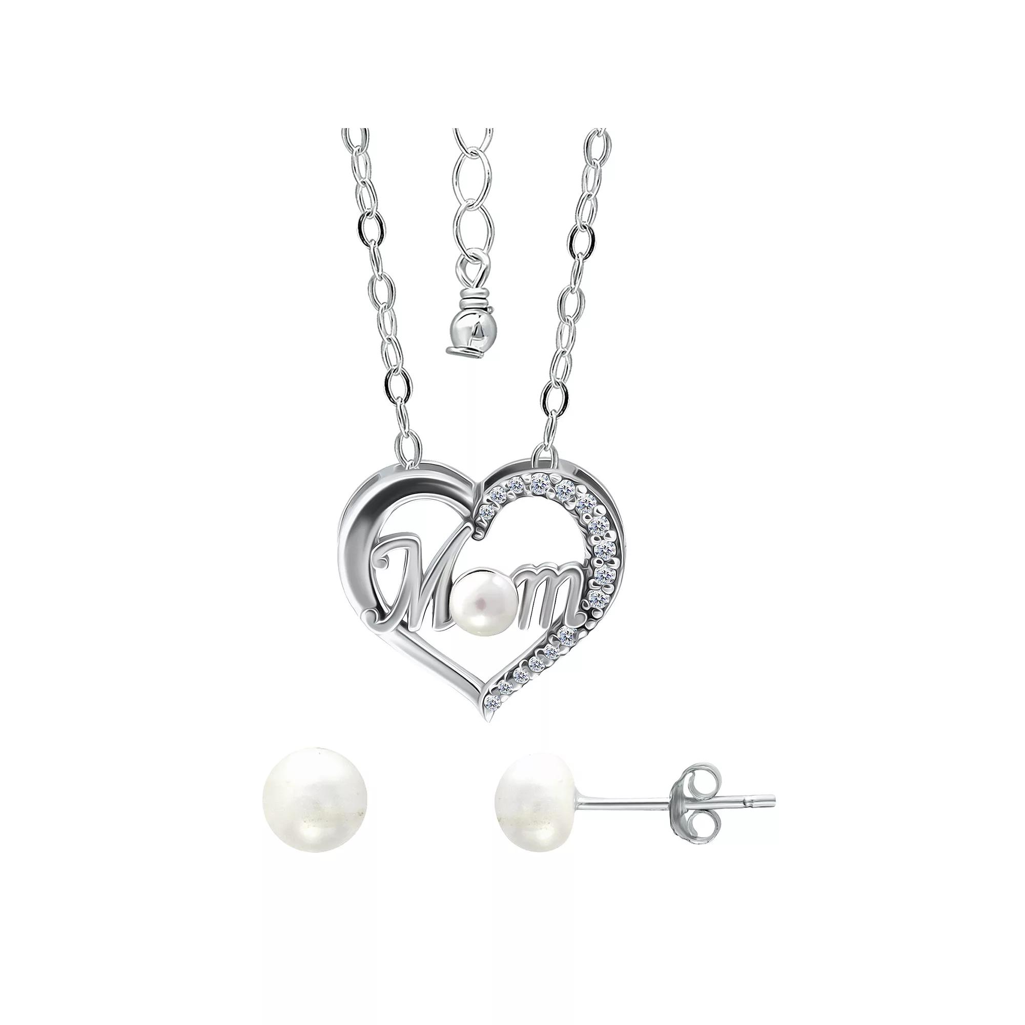 Aleure Precioso 18k Gold Over Silver Cubic Zirconia & Freshwater Cultured Pearl "Mom" Heart Pendant Necklace & Stud Earrings Set, Women's, Size: 18", Sterling Silver White Product Image