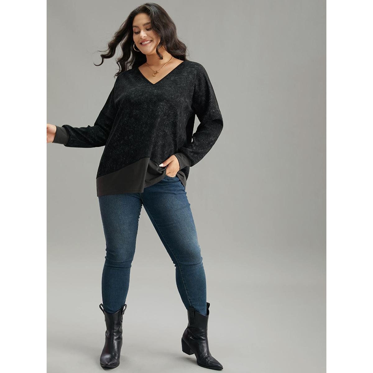 Plus Size Colorblock Waffle Knit Patchwork T-shirt DimGray Women Casual Waffle Knit Patchwork Round Neck Dailywear T-shirts BloomChic 22-24/3X Product Image