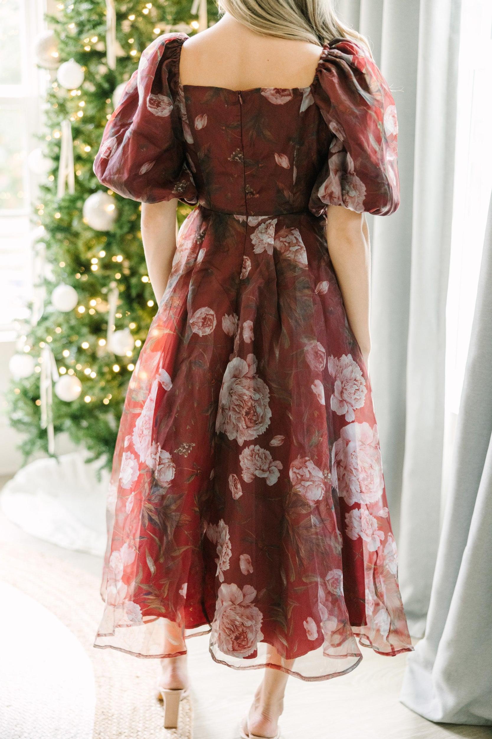 Returned Affections Burgundy Red Floral Midi Dress Female Product Image