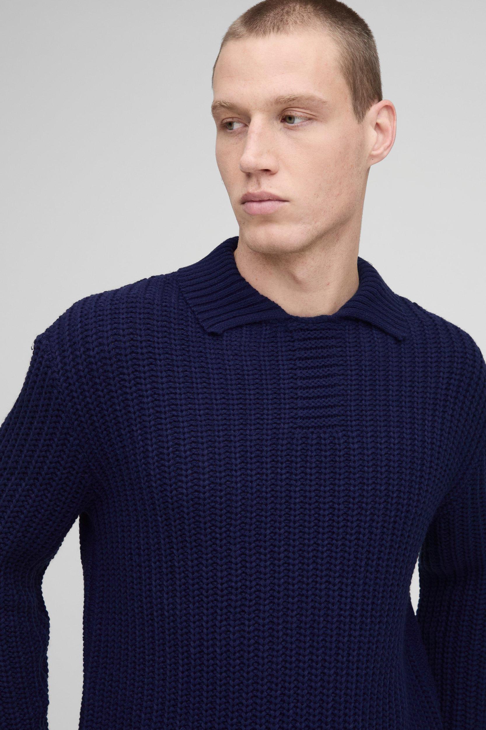 Oversized Chunky Knit Placket Detail Knitted Polo | boohooMAN USA Product Image