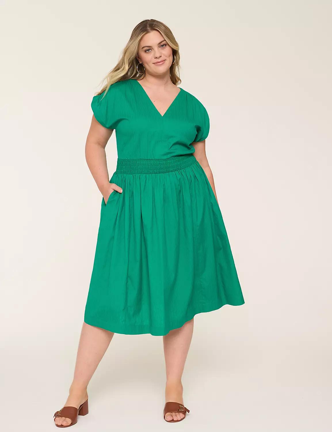 Shirred-Shoulder Smocked-Waist Midi Dress Product Image