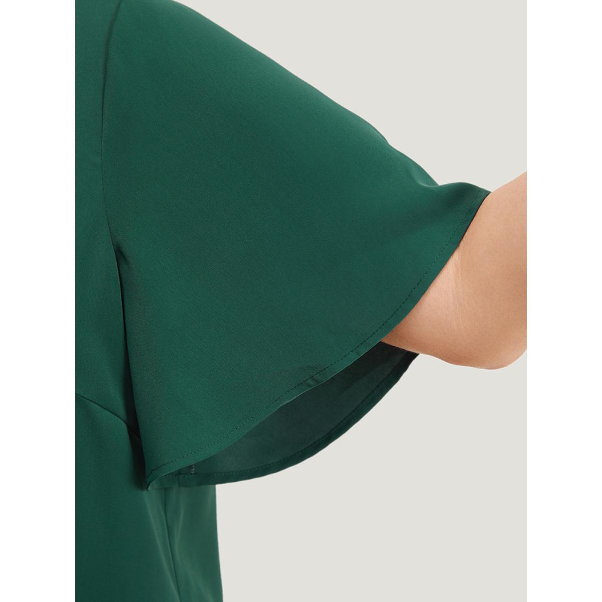 Plus Size DarkGreen Solid Scalloped Trim Laser Cut Ruffle Sleeve Blouse Women Elegant Short sleeve V-neck Dailywear Blouses BloomChic 26/4X Product Image