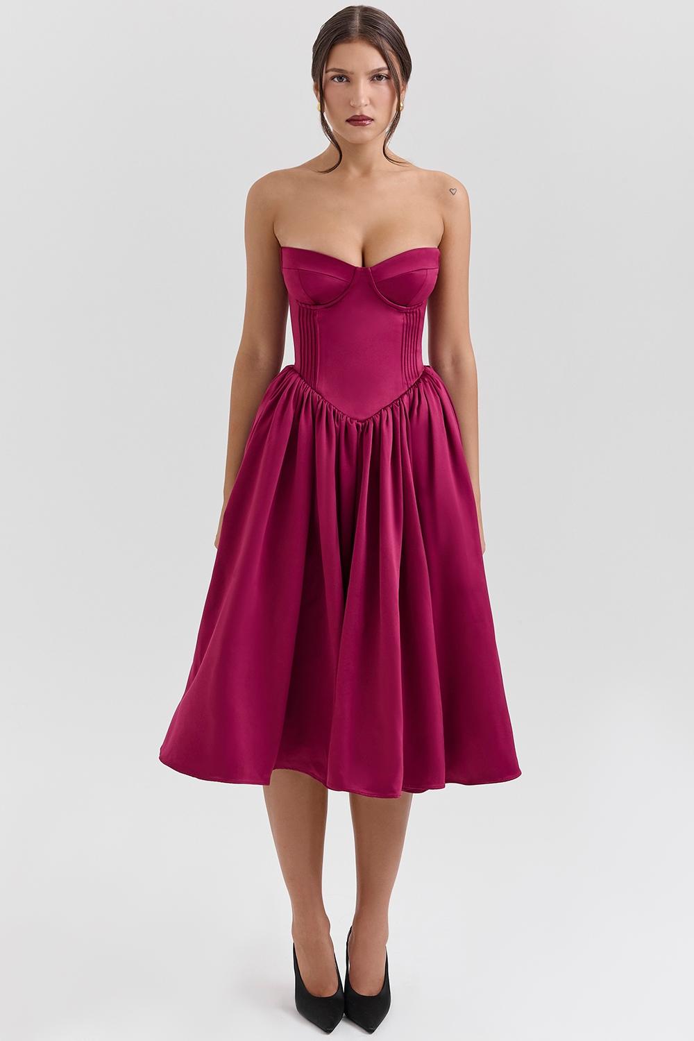 Coco  burgundy satin tulle midi dress - sale Product Image