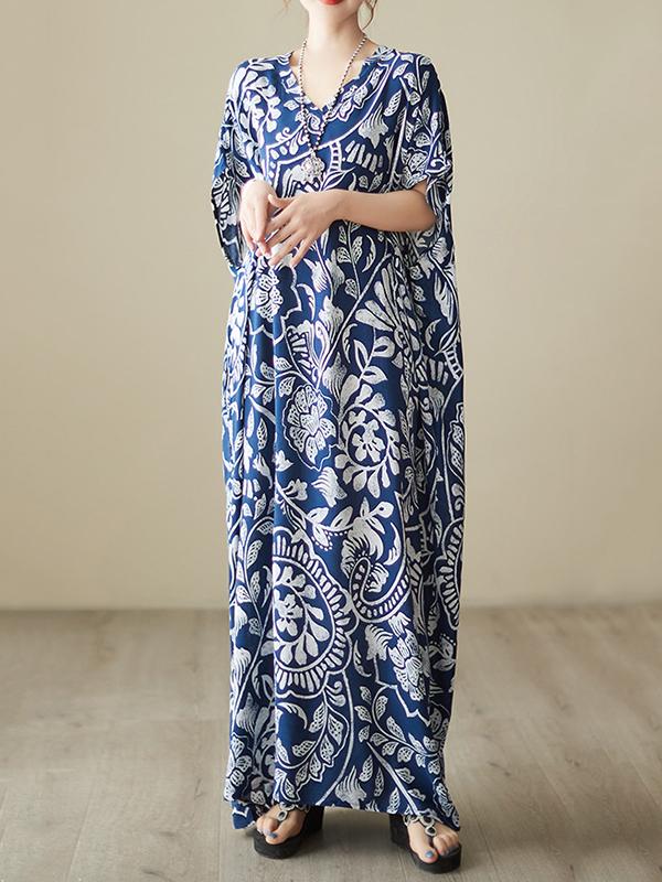Loose Short Sleeves Printed V-Neck Maxi Dresses Product Image